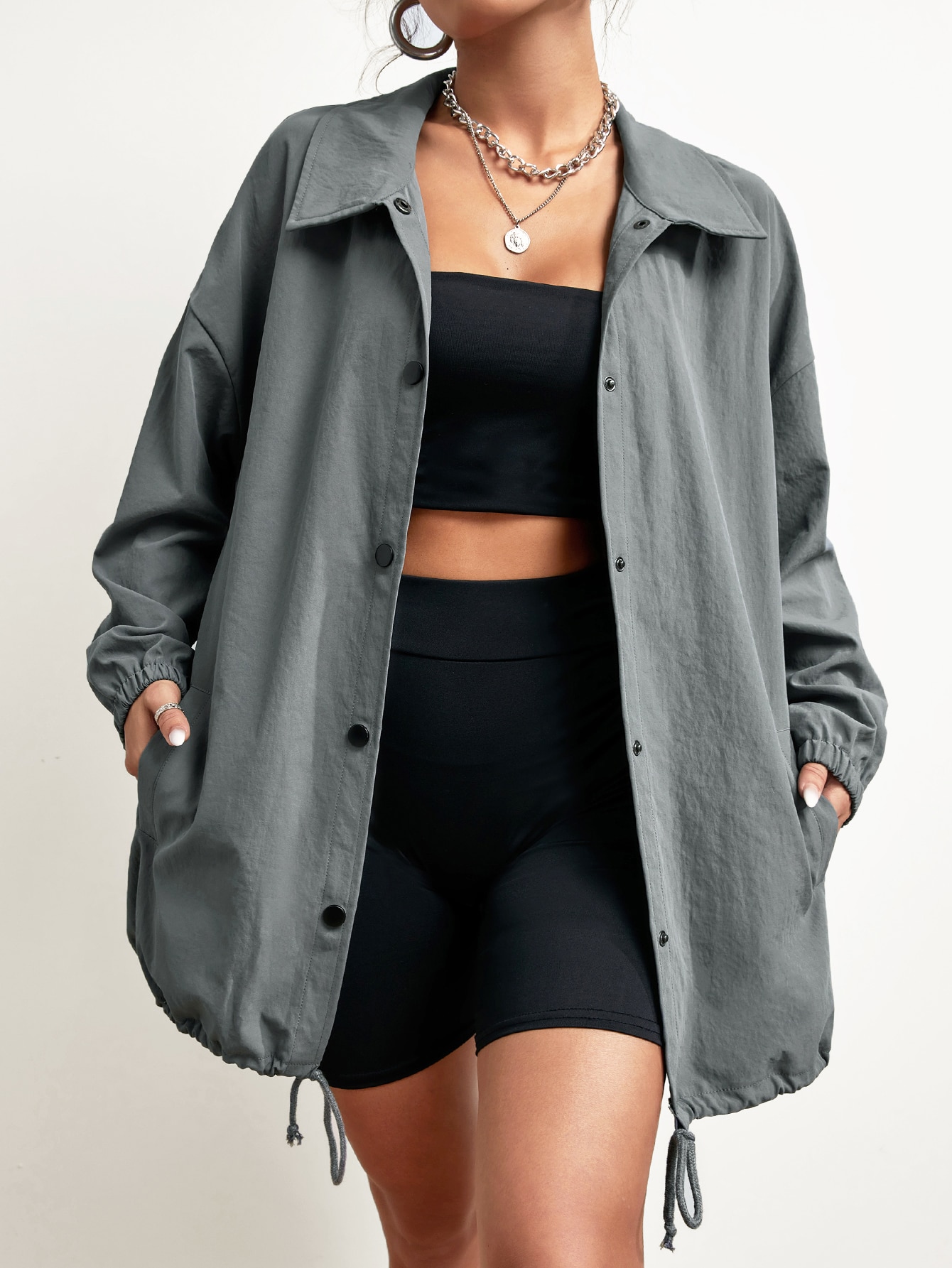 Drop Shoulder Drawstring Hem Jacket Online Store