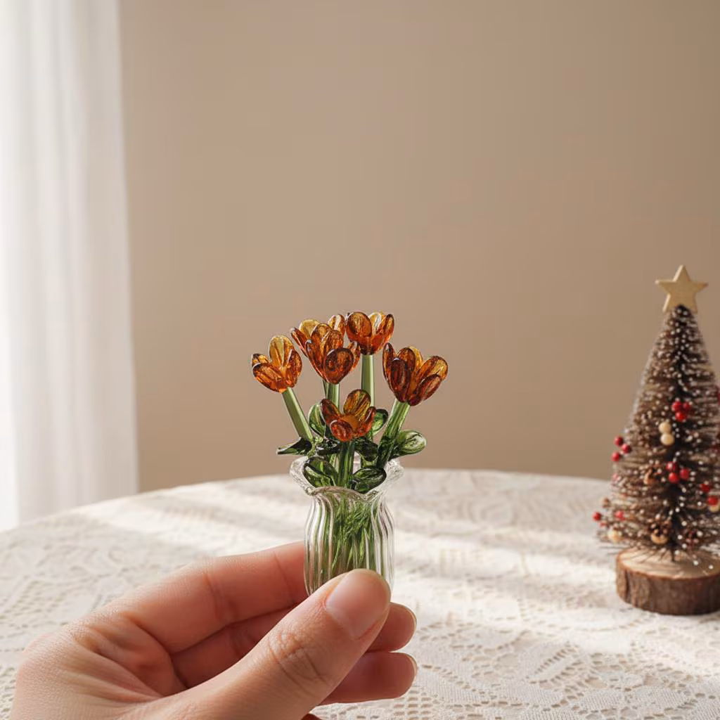 Handcrafted Striped Vase with Mini Glass Flowers - Decorative Floral Accent