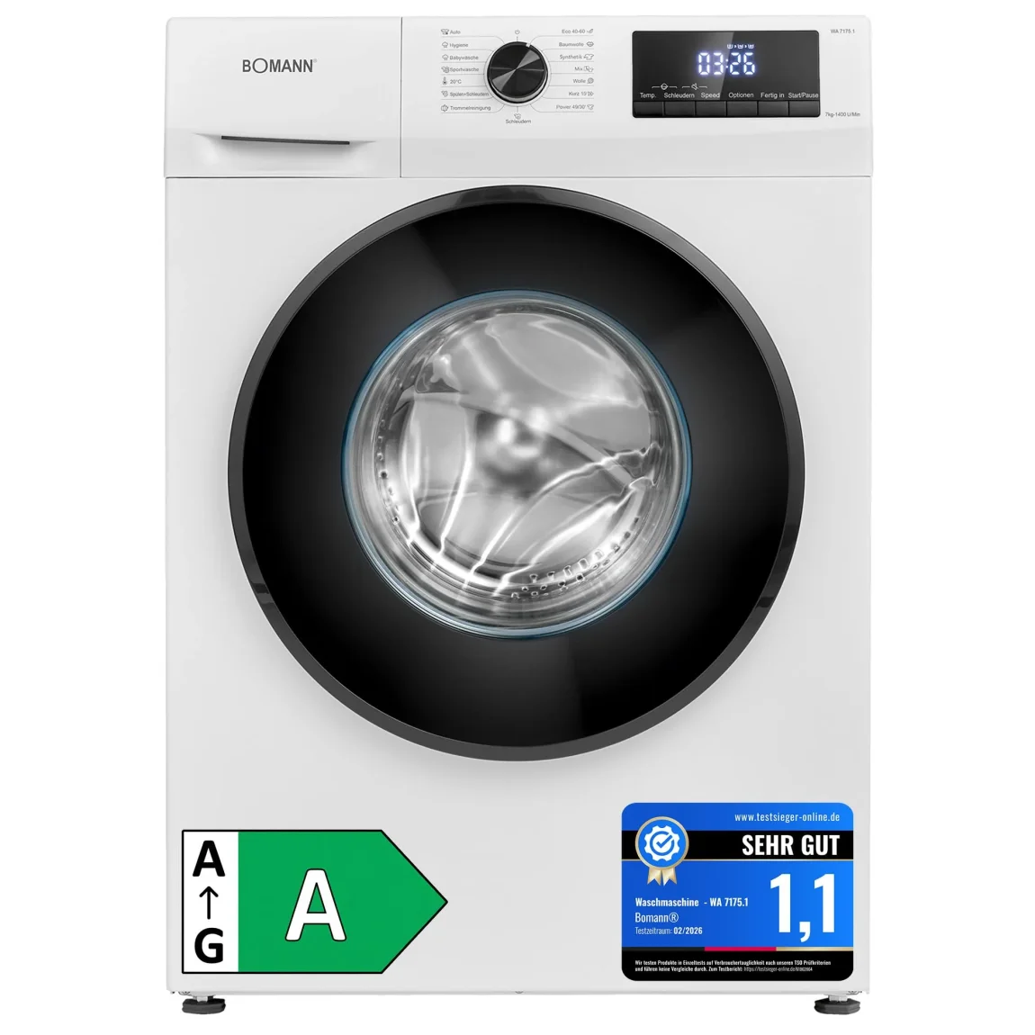 Bomann Waschmaschine 7kg 1400 U/min Invertermotor 10J Garantie 15 Programme Endzeitvorwahl WA 7175.1 Energieklasse A