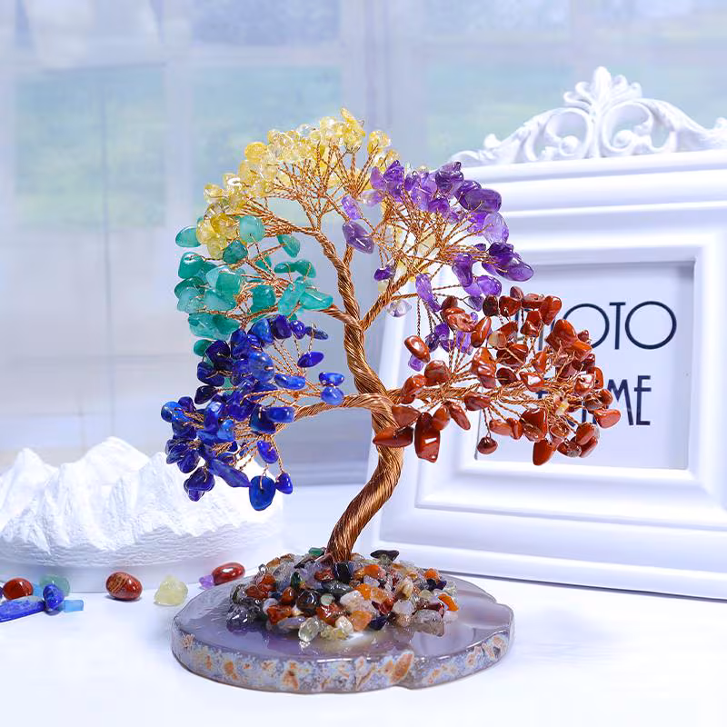 Seven-Chakra Crystal Tree - Agate-Base Gemstone Bonsai