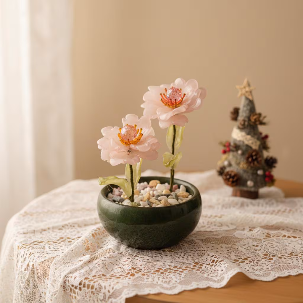 Handcrafted Glass Peony & Lotus Ornament - Floral Desktop Decoration