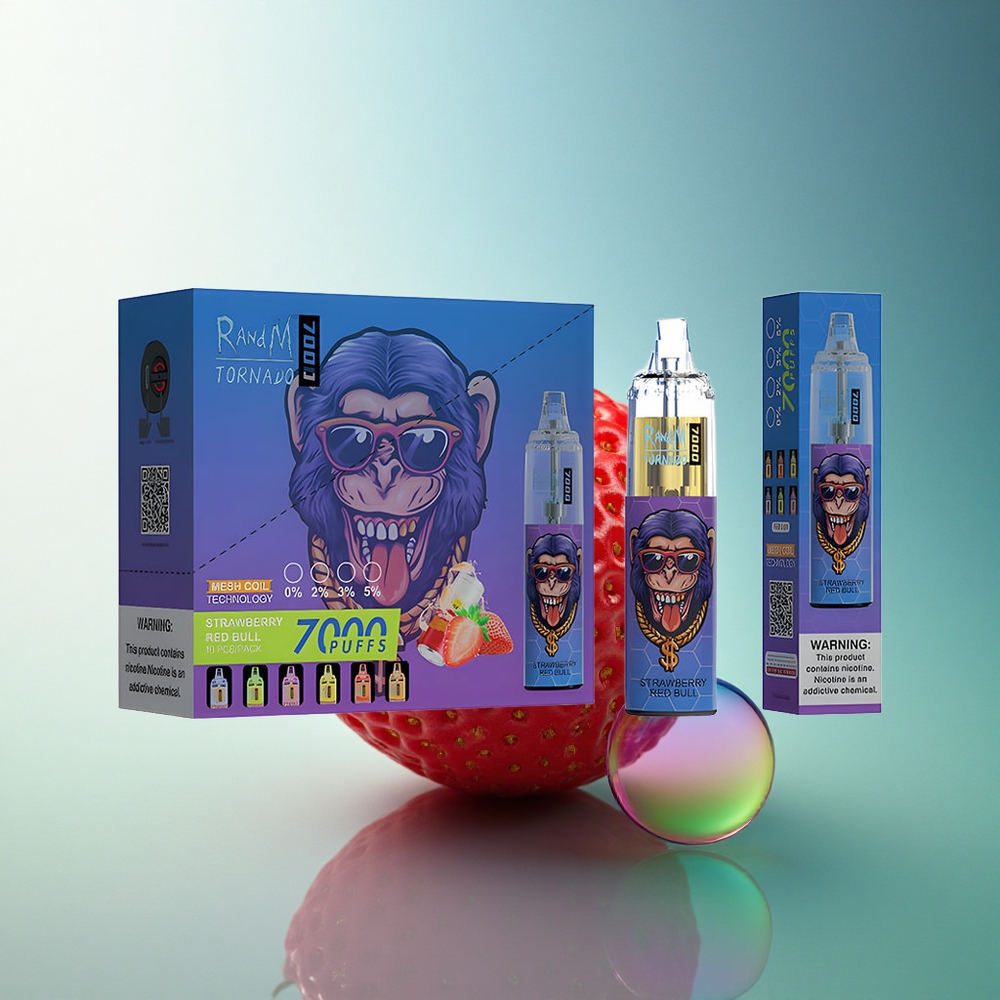 RandM Fumot Tornado 7000 Puffs Strawberry Red Bull Mesh Coil 14mL E-liquid 5% Nicotine