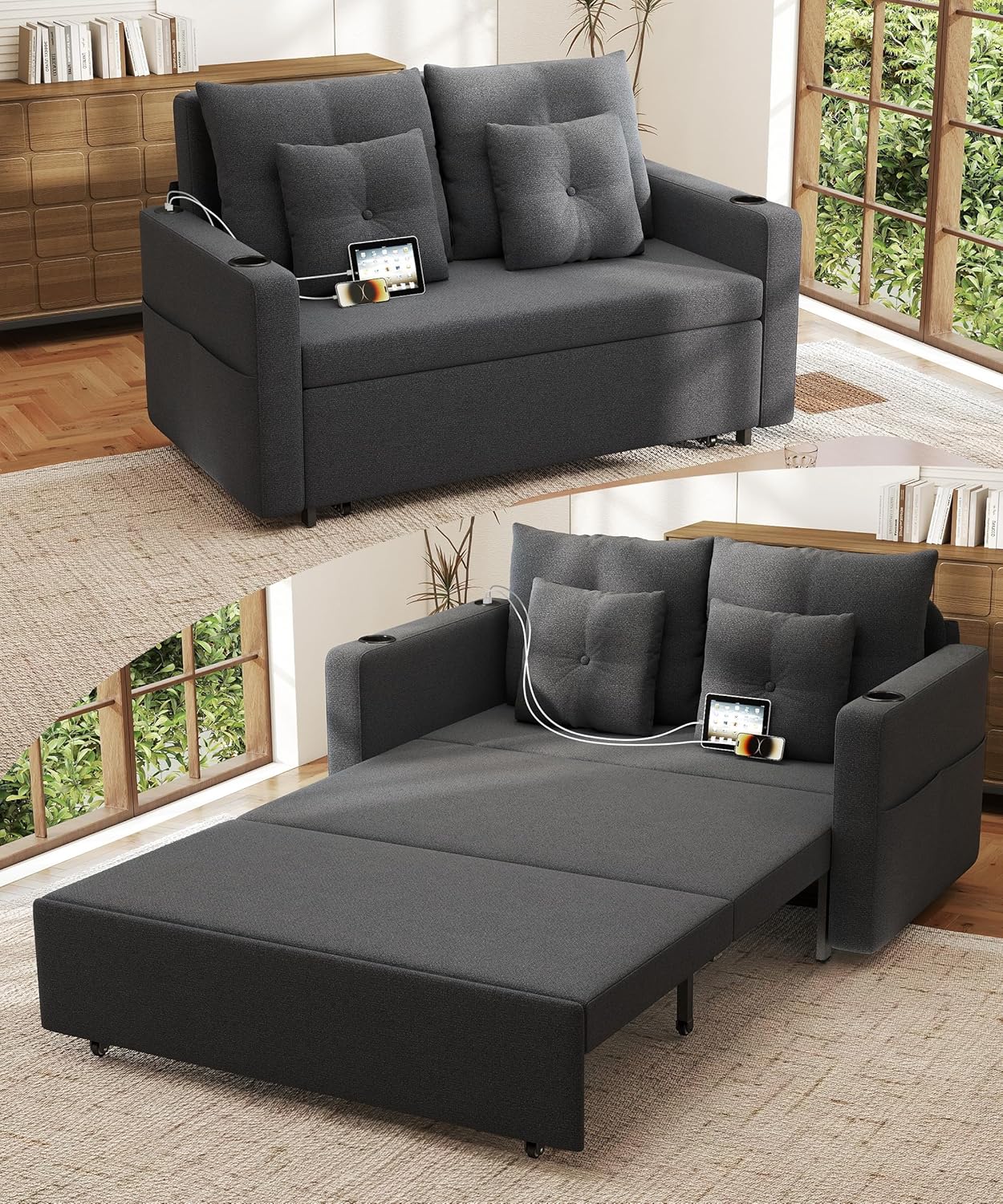 Convertible 56&quot; Sofa Bed with Cup Holders &amp; USB, Dark Grey