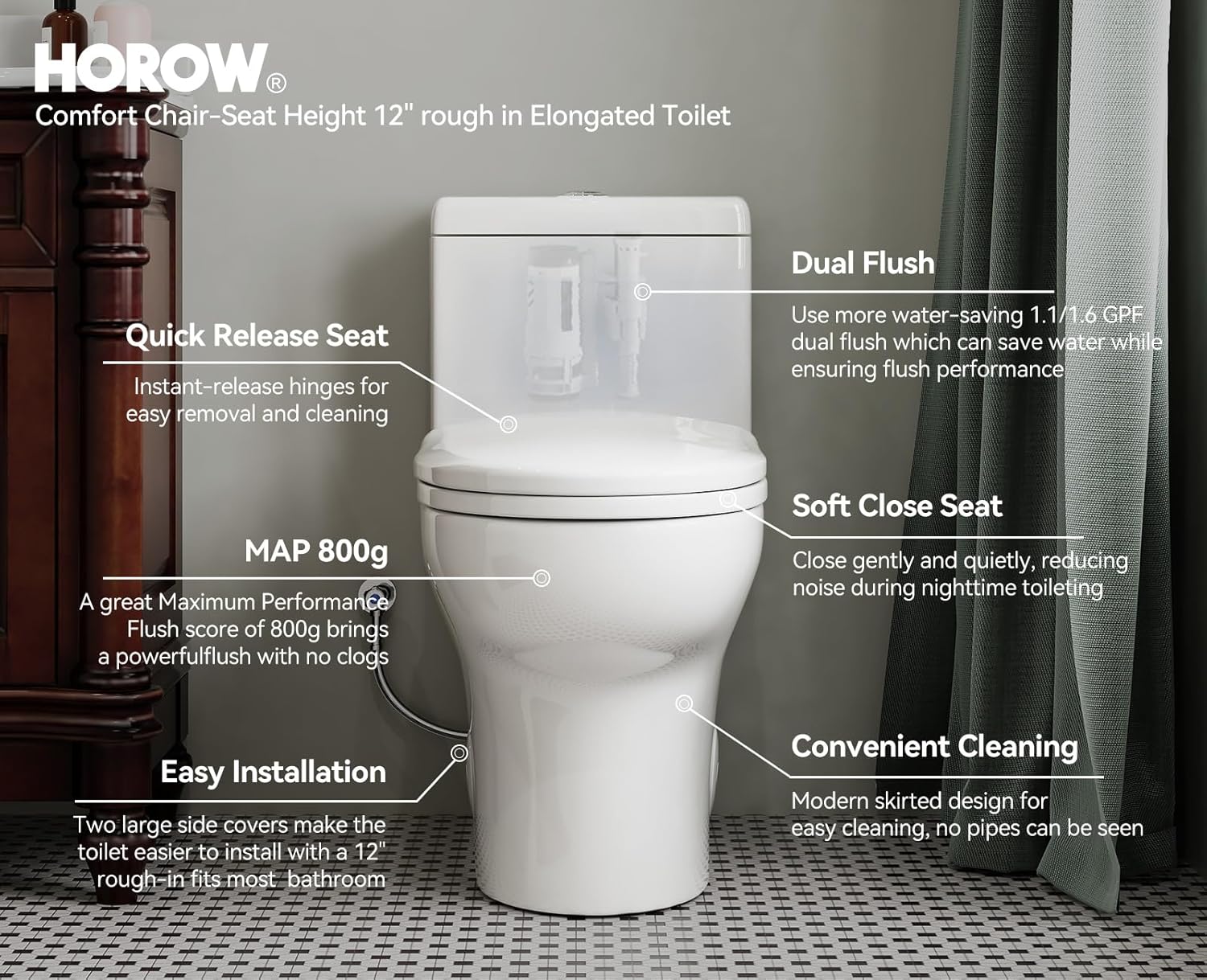 Alternative view of HOROW Dual Flush Elongated Toilet with Soft Close Seat, High-Efficiency Supply