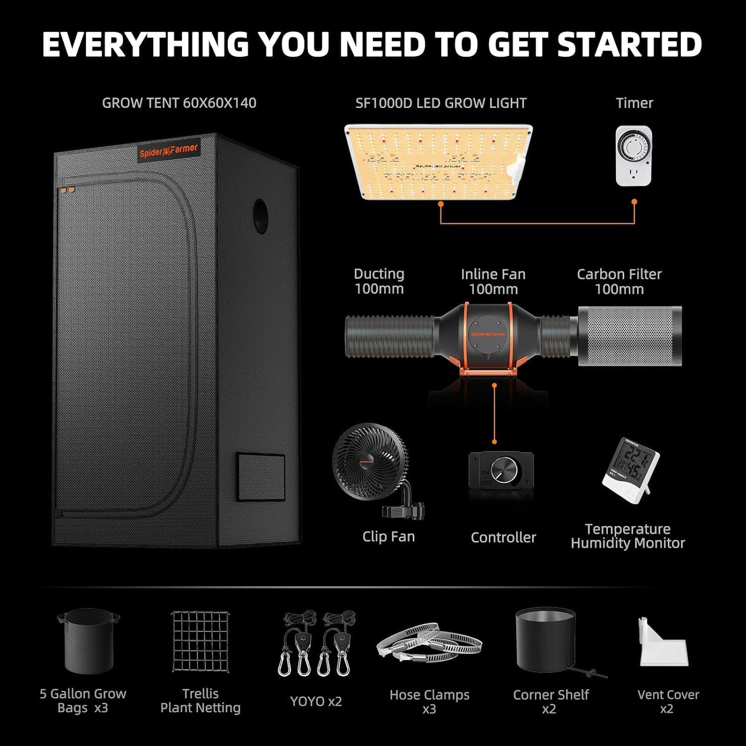 Alternative view of Spider Farmer SF1000D Full Spectrum LED Grow Light Hydroponics Indoor, with 6'' Clip Fan