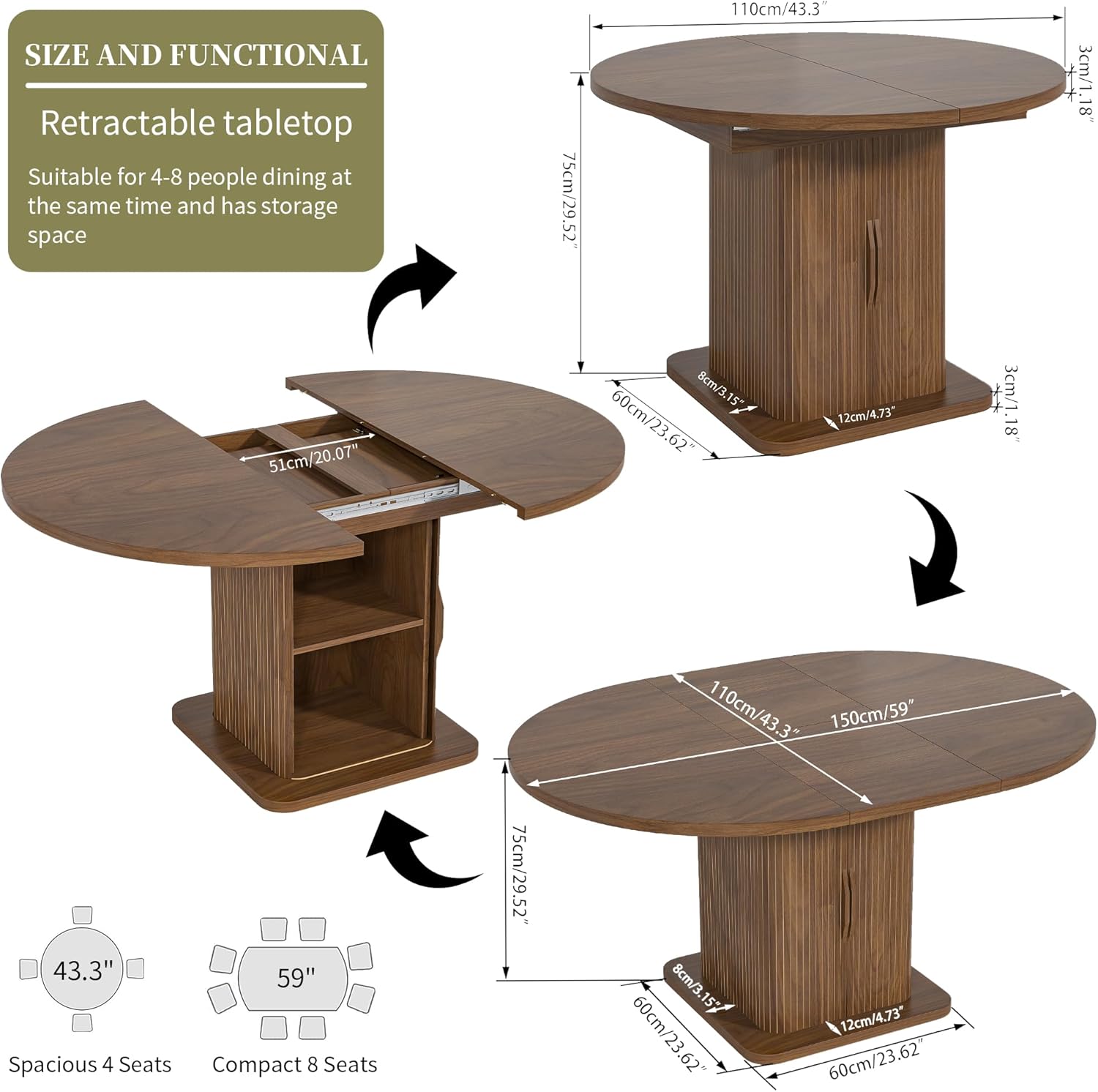 59 Inch Extendable Round Dining Table Walnut with Storage and Fluted ...