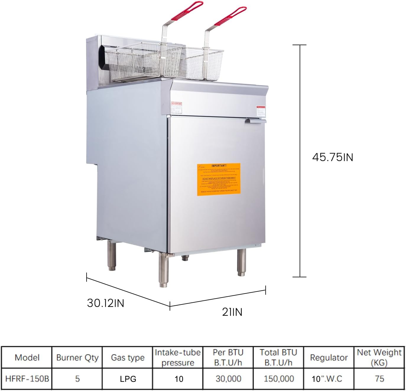 EasyRose Commercial Gas Deep Fryer 5 Burner 68-80lb Liquid Propane 150000 BTU，CSA / ETL Certified