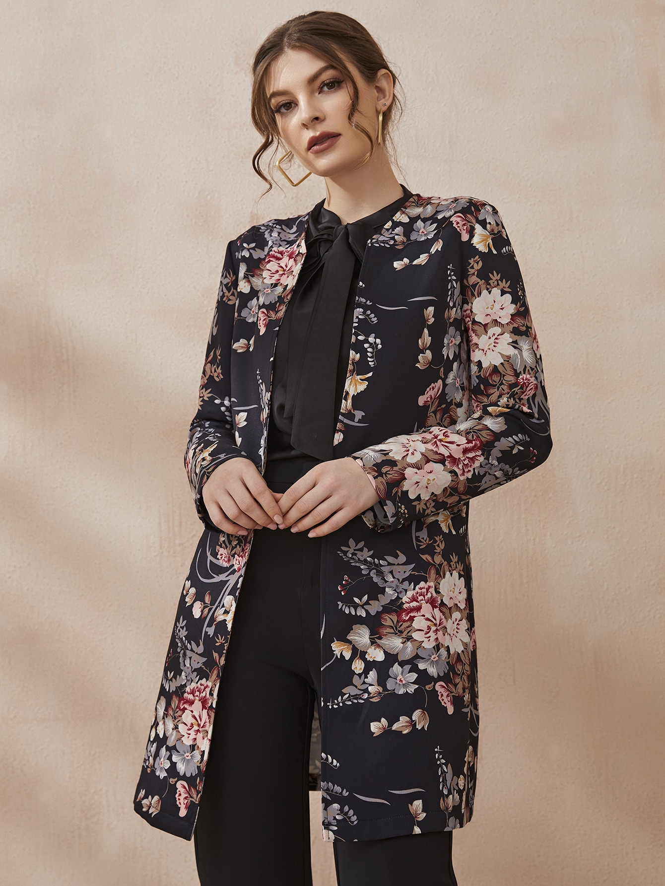 Floral Print Open Front Coat - Online Store