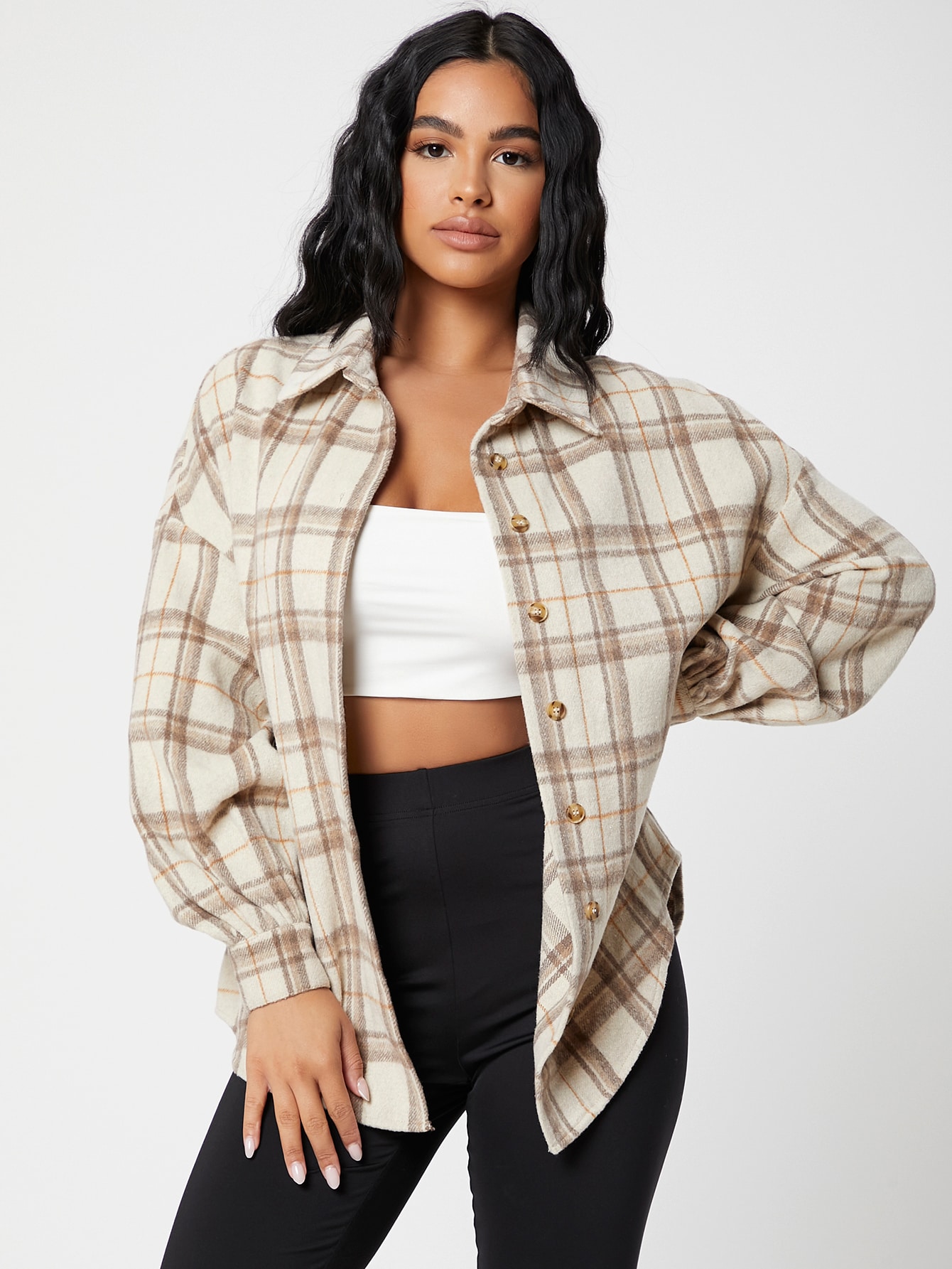 Plaid Drop Shoulder Button Front Blouse - Online Store