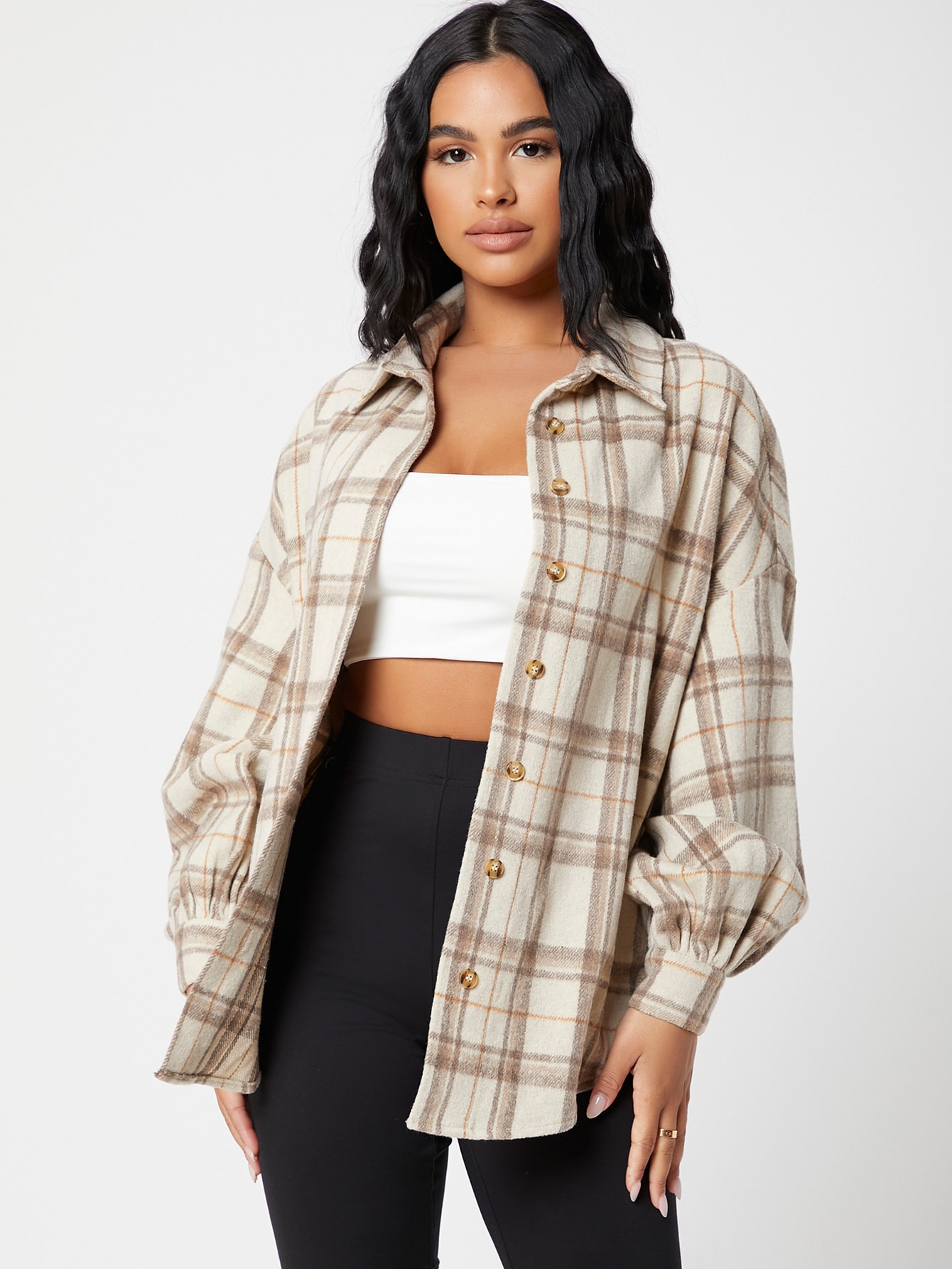 Plaid Drop Shoulder Button Front Blouse - Online Store