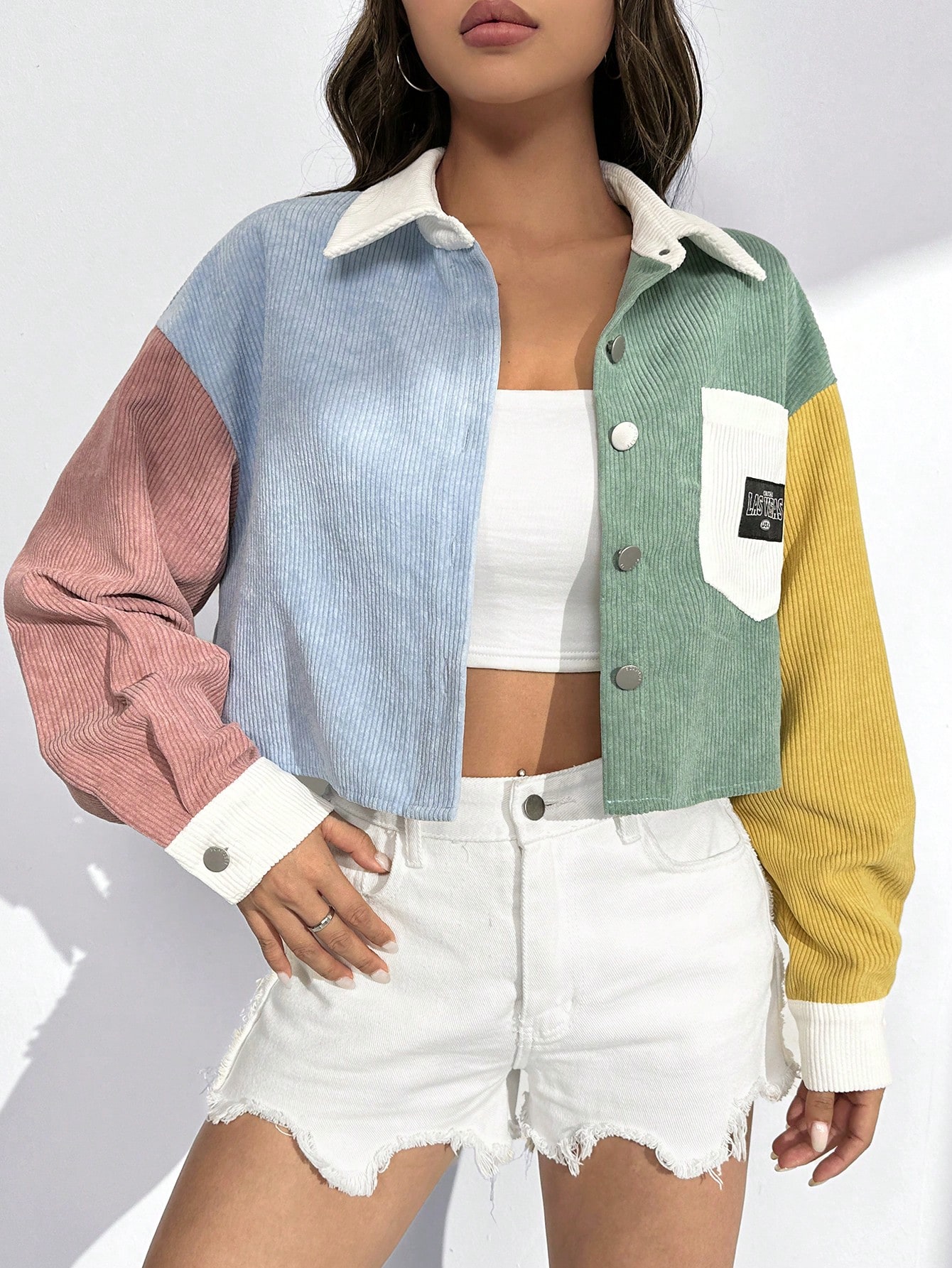 Colorblock Letter Patched Detail Drop Shoulder Jacket - Online Store