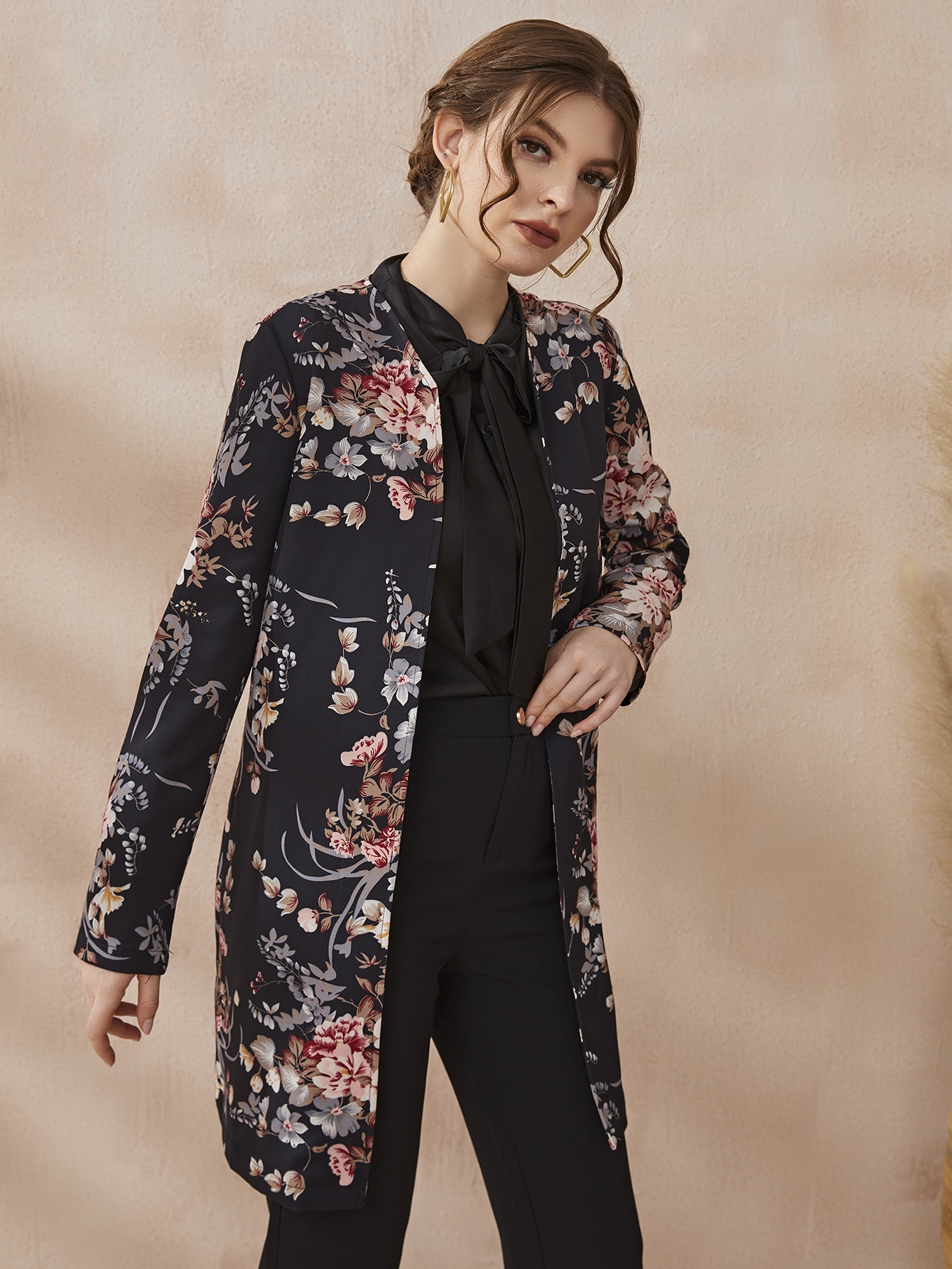 Floral Print Open Front Coat - Online Store