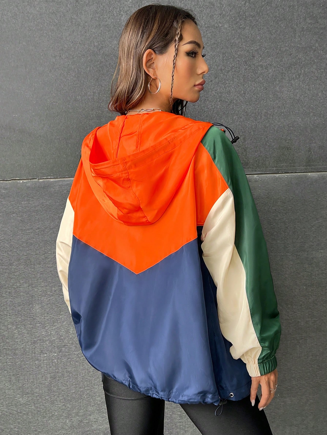 Colorblock Raglan Sleeve Zip Up Hooded Windbreaker Jacket Online Store