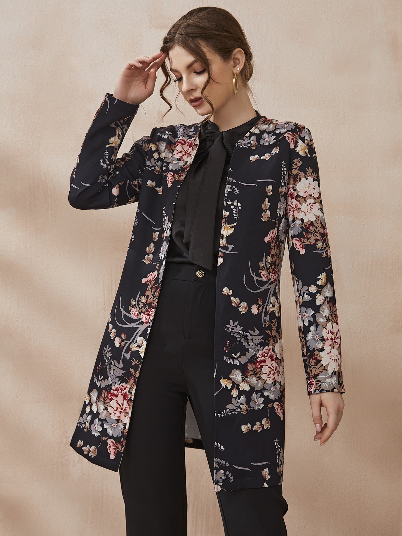 Floral Print Open Front Coat - Online Store