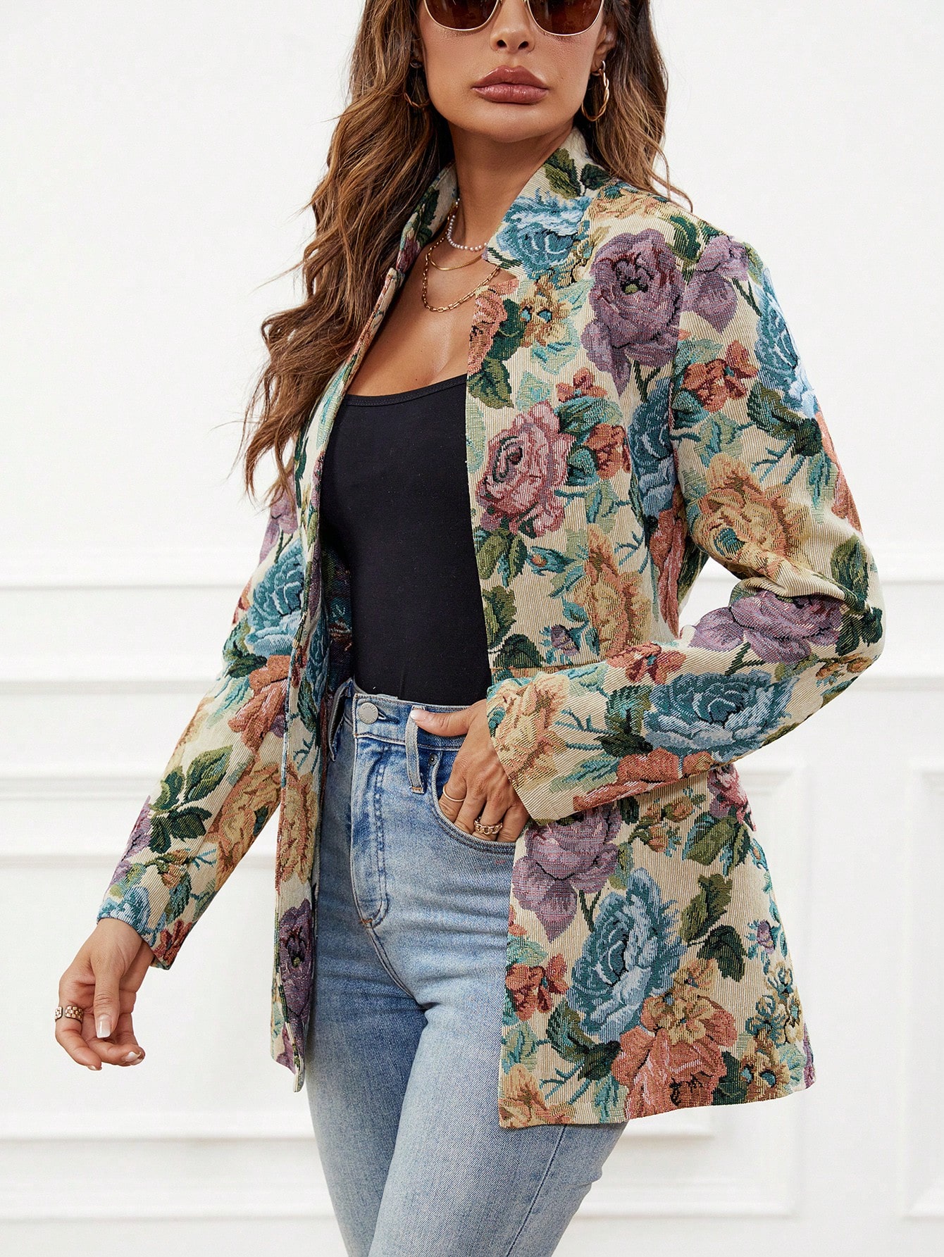 Floral Print Open Front Coat - Online Store