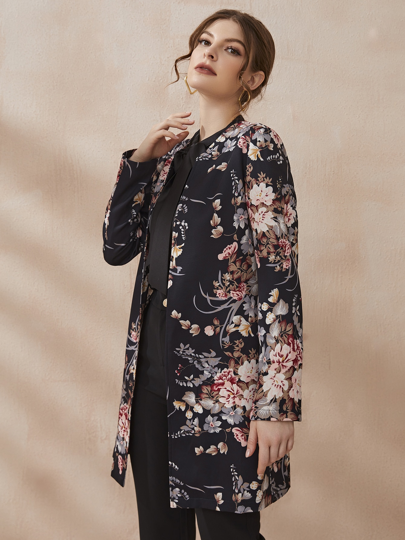 Floral Print Open Front Coat - Online Store