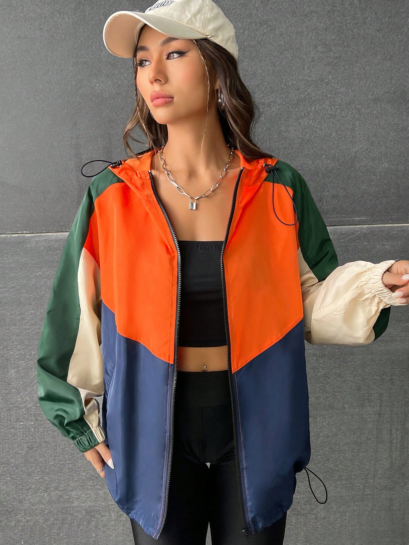Colorblock Raglan Sleeve Zip Up Hooded Windbreaker Jacket Online Store
