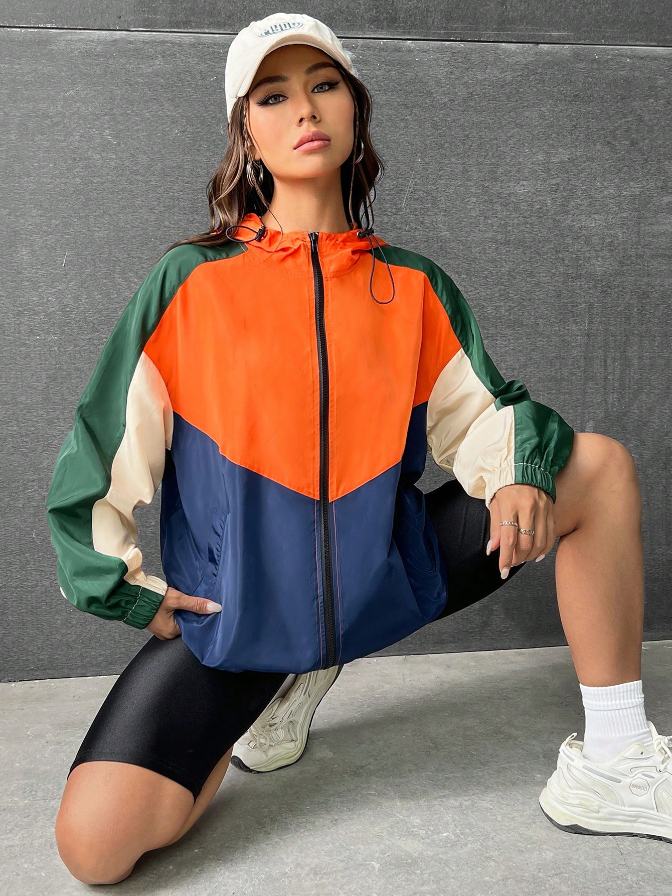 Colorblock Raglan Sleeve Zip Up Hooded Windbreaker Jacket Online Store