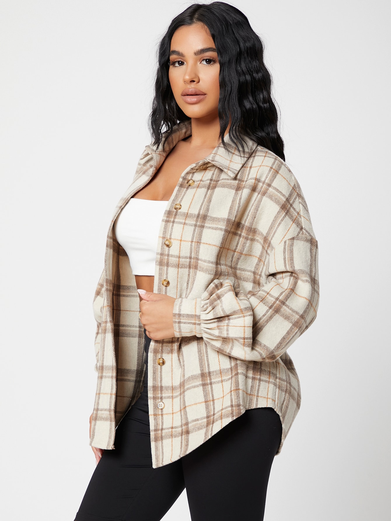 Plaid Drop Shoulder Button Front Blouse - Online Store