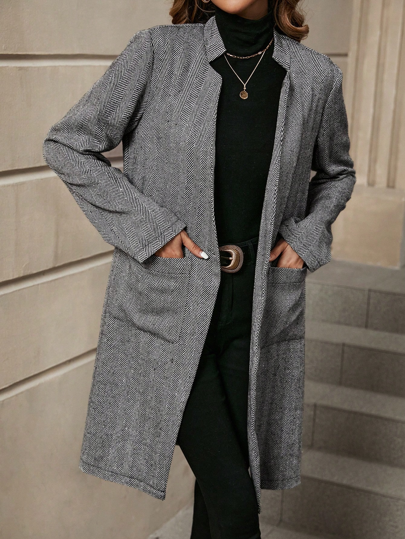 Herringbone Dual Pocket Open Front Coat Online Store