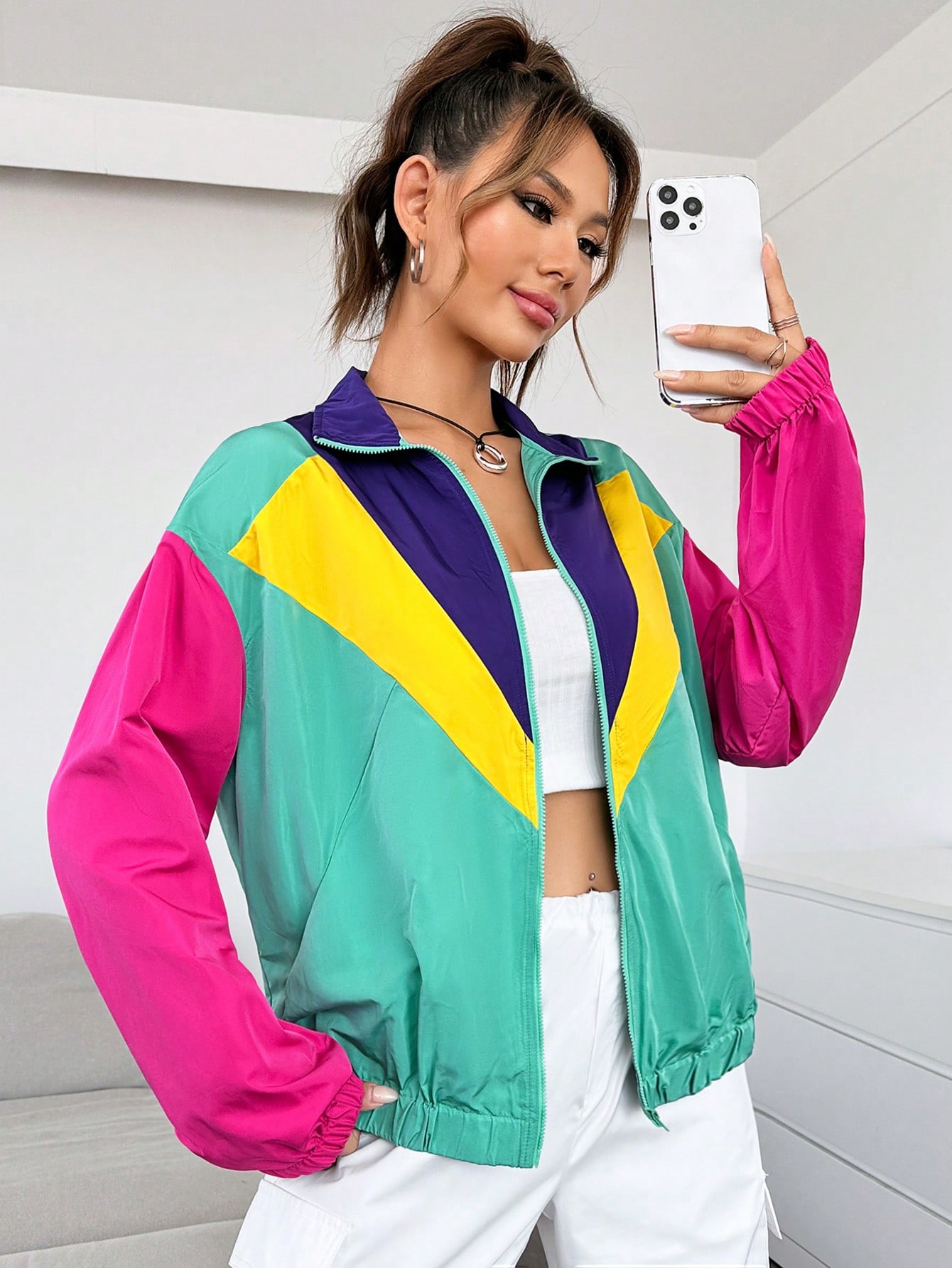 Colorblock Drop Shoulder Zip Up Jacket - Online Store