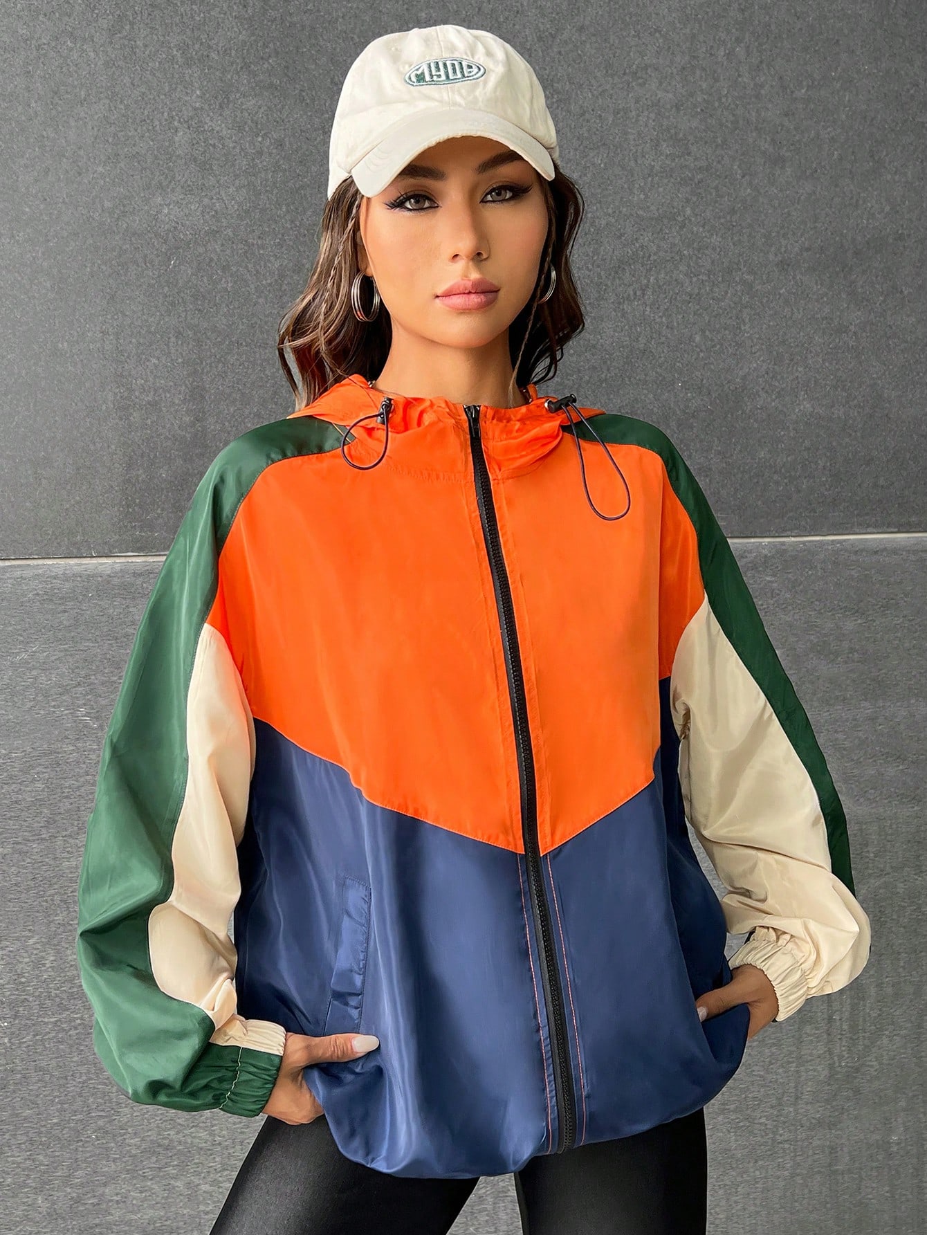 Colorblock Raglan Sleeve Zip Up Hooded Windbreaker Jacket - Online Store