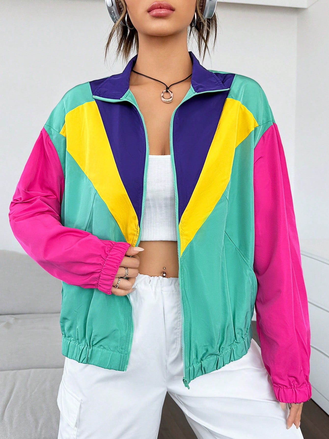 Colorblock Drop Shoulder Zip Up Jacket - Online Shop