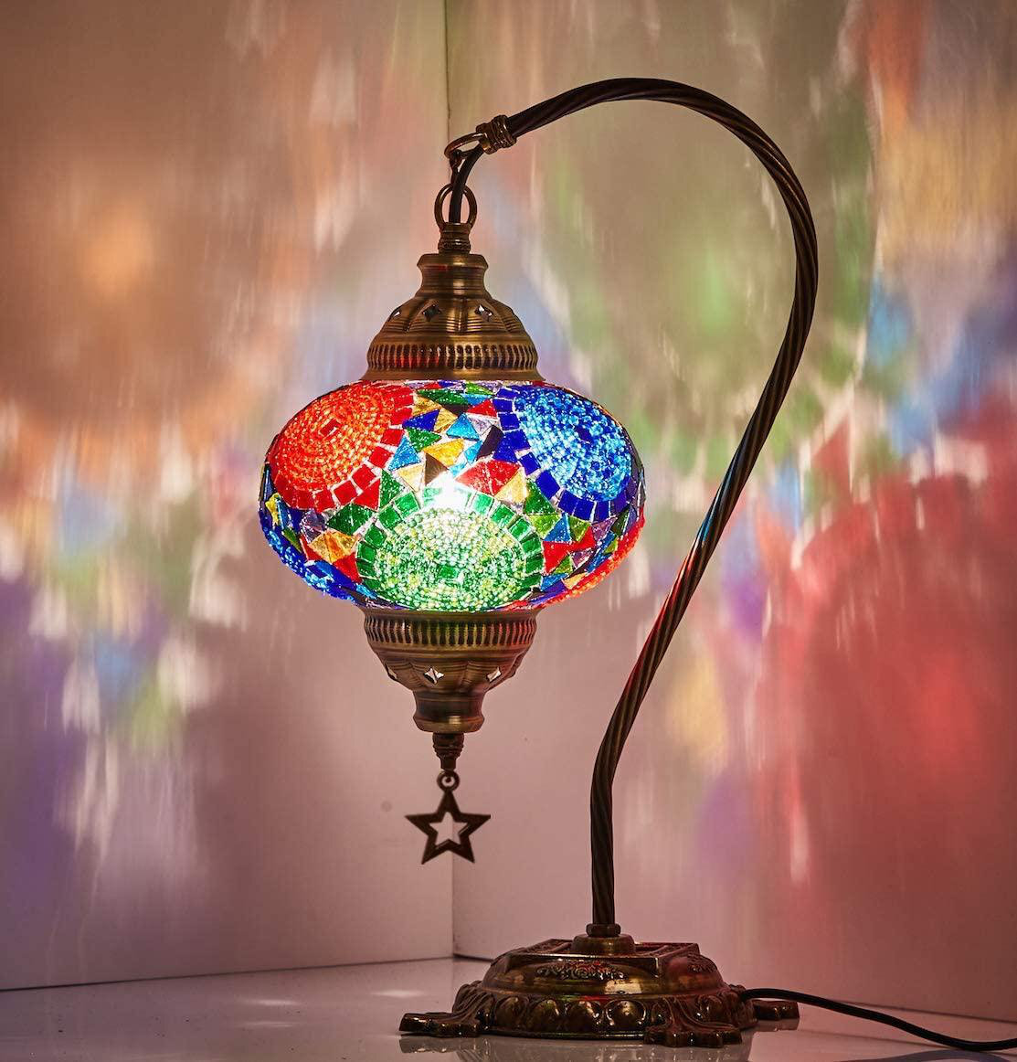 Turkish Moroccan Mosaic Table Lamp With US Plug & Socket, Swan Neck Handmade Desk Bedside Table Night Lamp Decorative Lamp Light, Antique