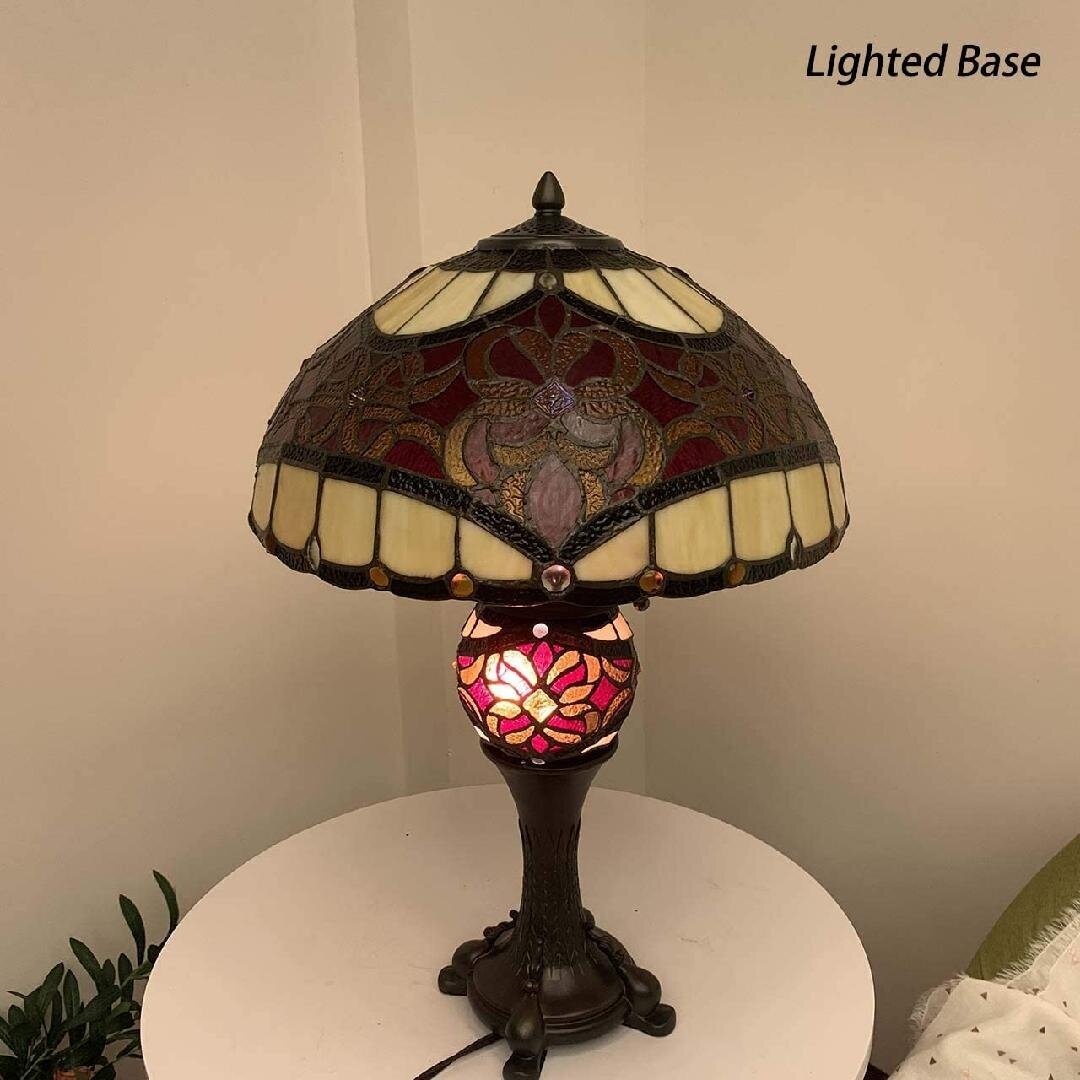 L10802 Baroque Style Stained Glass Table Lamp Lighted Base 25 Inches Tall, Red