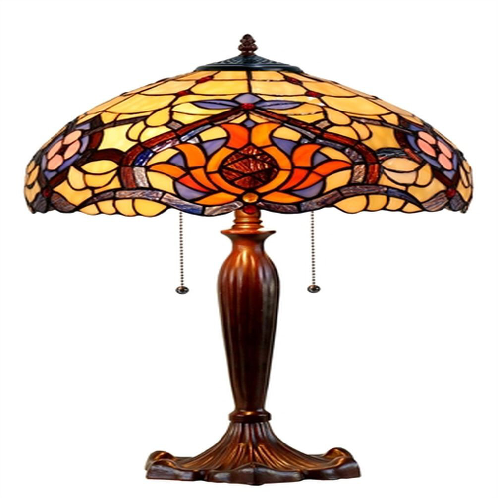 Colored Flowers On Yellow Stained Glass Style Table Lamp