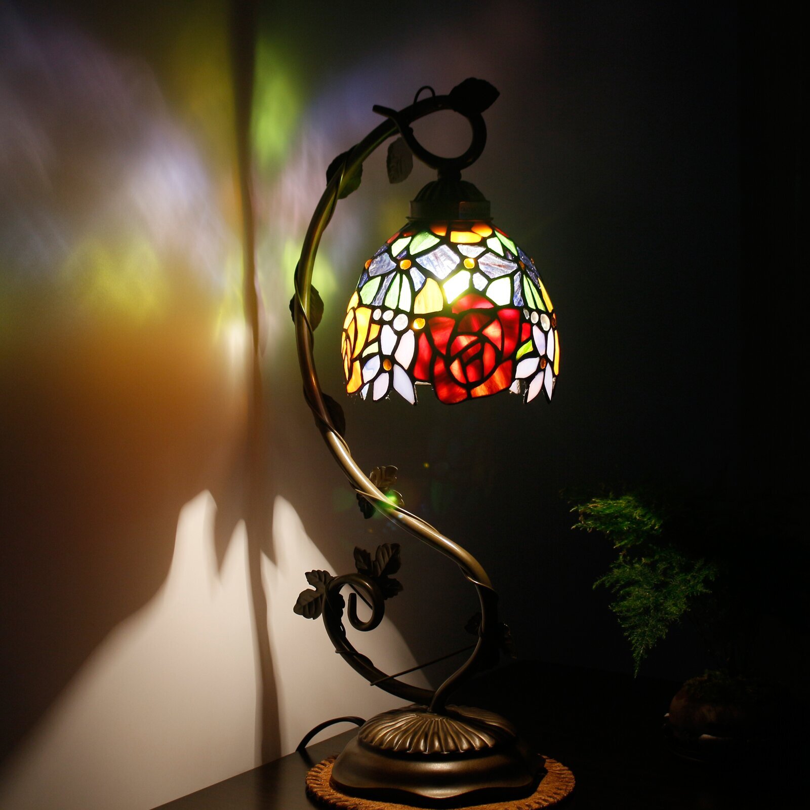 Bedside Table Lamp - World Menagerie Style Stained Glass Lamp, Red Rose Nightstand Reading Desk Light W6H22 Inch S001, Lover Girlfriend Women Kid's Living Room Bedroom Office Coffee Bar Craft Gift