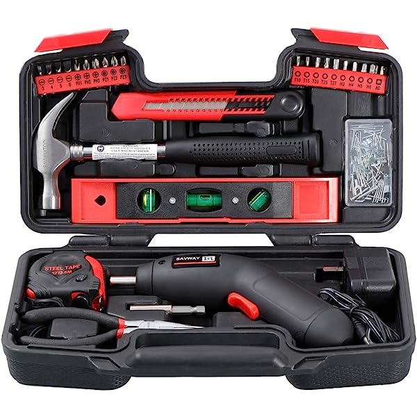Small Home Tool Kit included Battery Screwdriver Cordless Women's Tool Kit with Case-SAVWAY P7994 Hand Tool Set with Black Toolbox for DIY Projects 143pcs