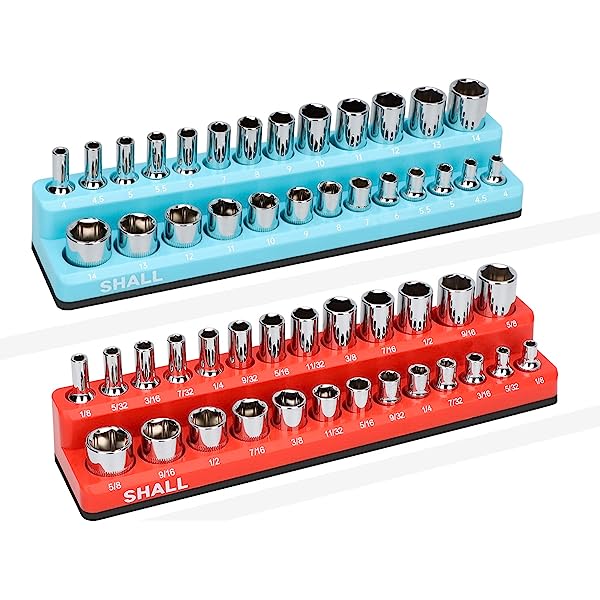 3/8 Inch Magnetic Socket Organizer Set, 2-Piece SAE & Metric Socket Holders, Socket Tool Tray Storage Holds 56 Standard Sockets for Toolbox, Tool Carts, Drawers (Sockets Not Included) 3/8