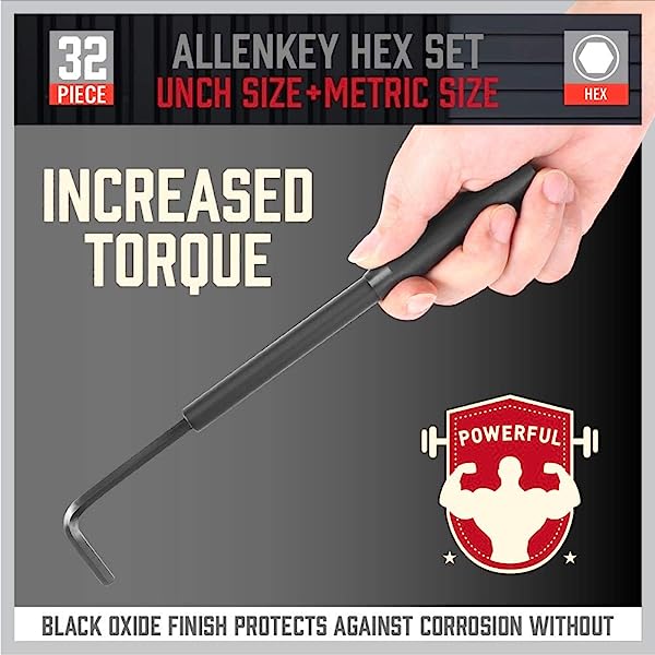 32-Piece Hex Key Wrench Set, Metric and SAE Allen Wrenches (0.028-3/8 inch, 0.7-10 mm) L Shape Allen Keys, Chrome Vanadium Steelwith 2x Extension Handle