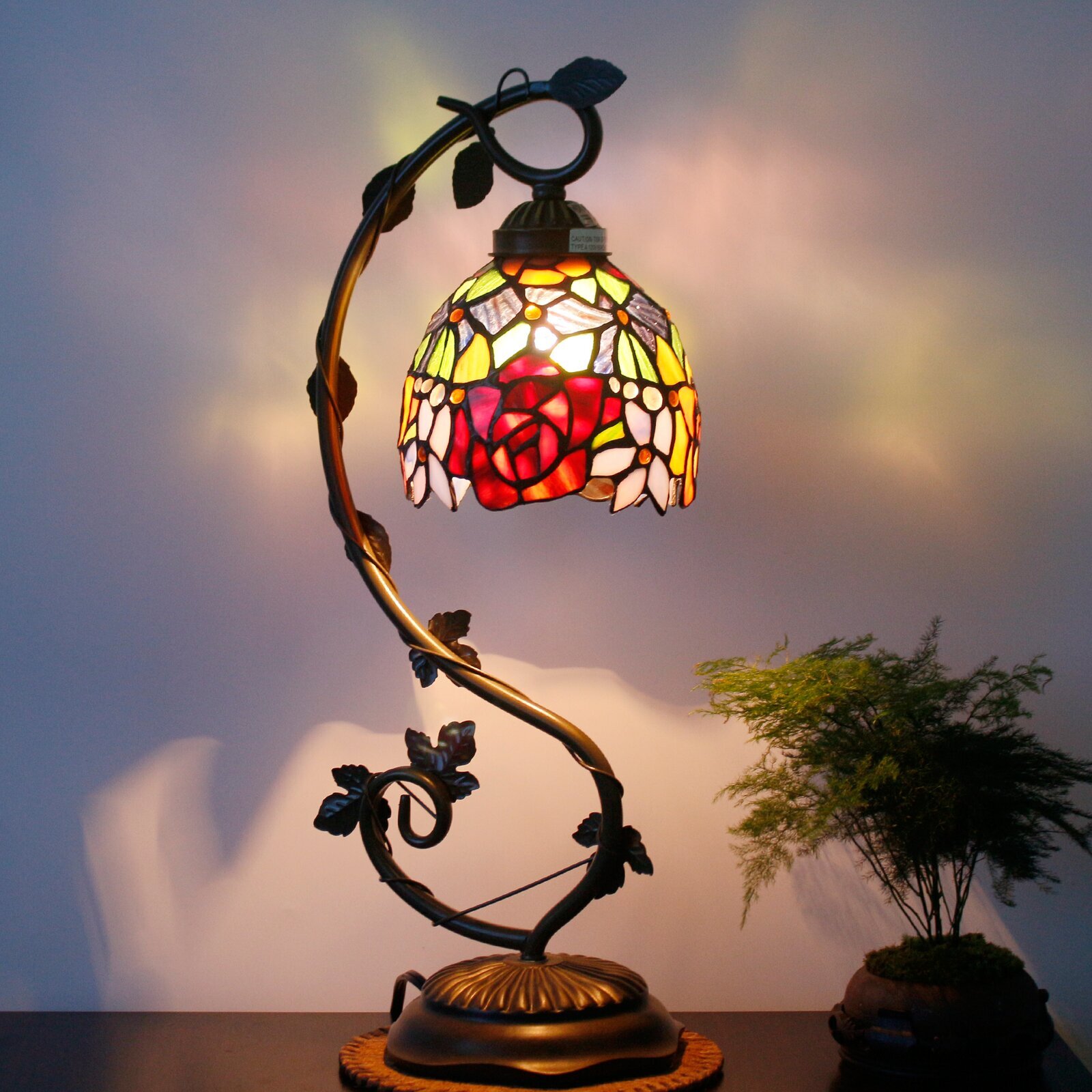 Bedside Table Lamp - World Menagerie Style Stained Glass Lamp, Red Rose Nightstand Reading Desk Light W6H22 Inch S001, Lover Girlfriend Women Kid's Living Room Bedroom Office Coffee Bar Craft Gift