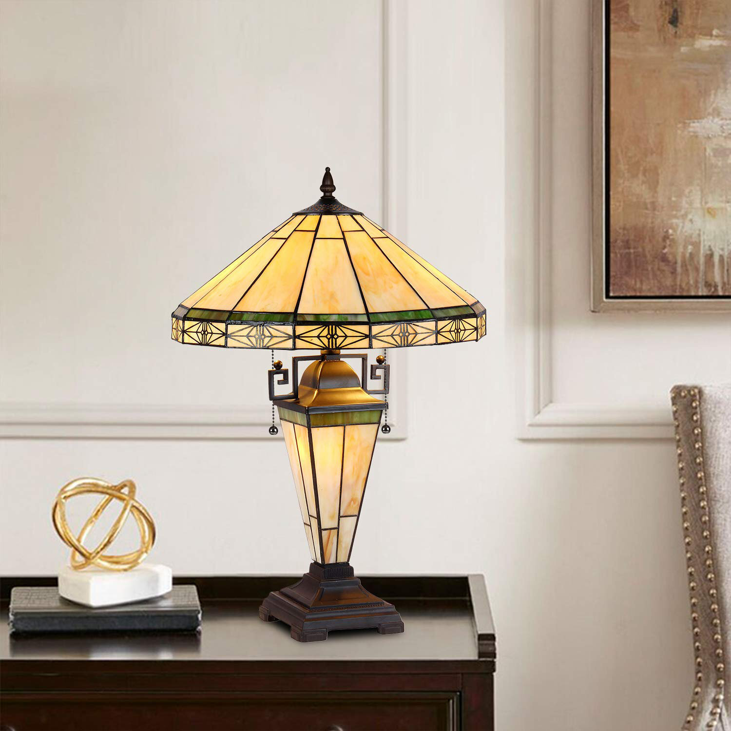 Large Table Lamp 3-Light With Nightlight Mission Rustic Style Desk Light Decor