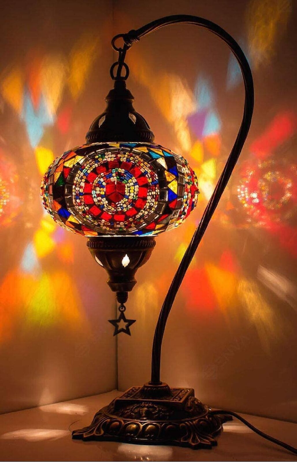 Turkish Moroccan Mosaic Table Lamp With US Plug & Socket, Swan Neck Handmade Desk Bedside Table Night Lamp Decorative Lamp Light, Antique