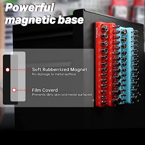 3/8 Inch Magnetic Socket Organizer Set, 2-Piece SAE & Metric Socket Holders, Socket Tool Tray Storage Holds 56 Standard Sockets for Toolbox, Tool Carts, Drawers (Sockets Not Included) 3/8