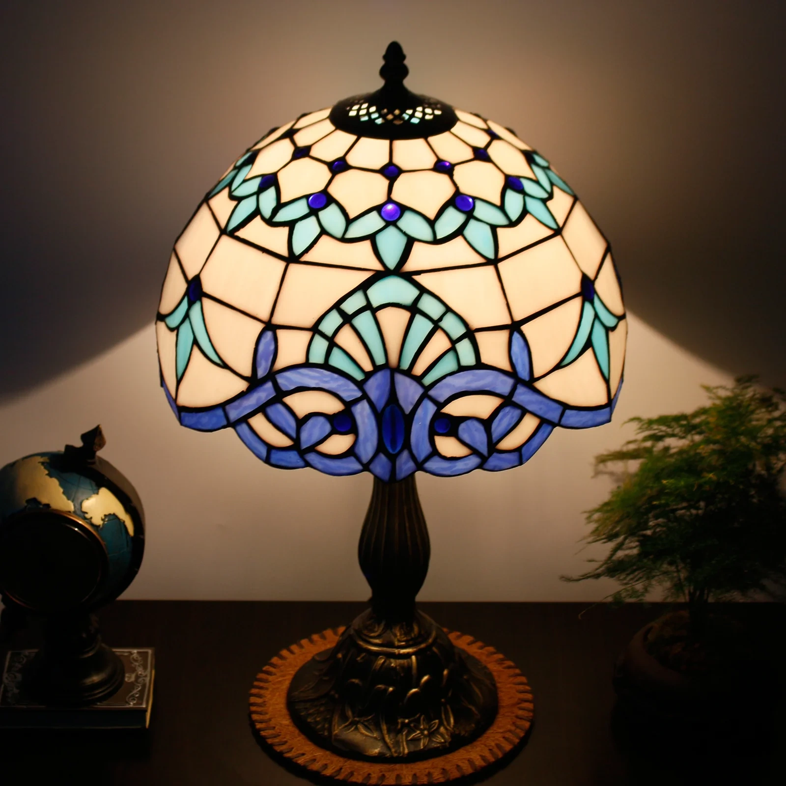 Table Lamp Bedside Navy Blue Baroque Stained Glass Style Desk Reading Light 18