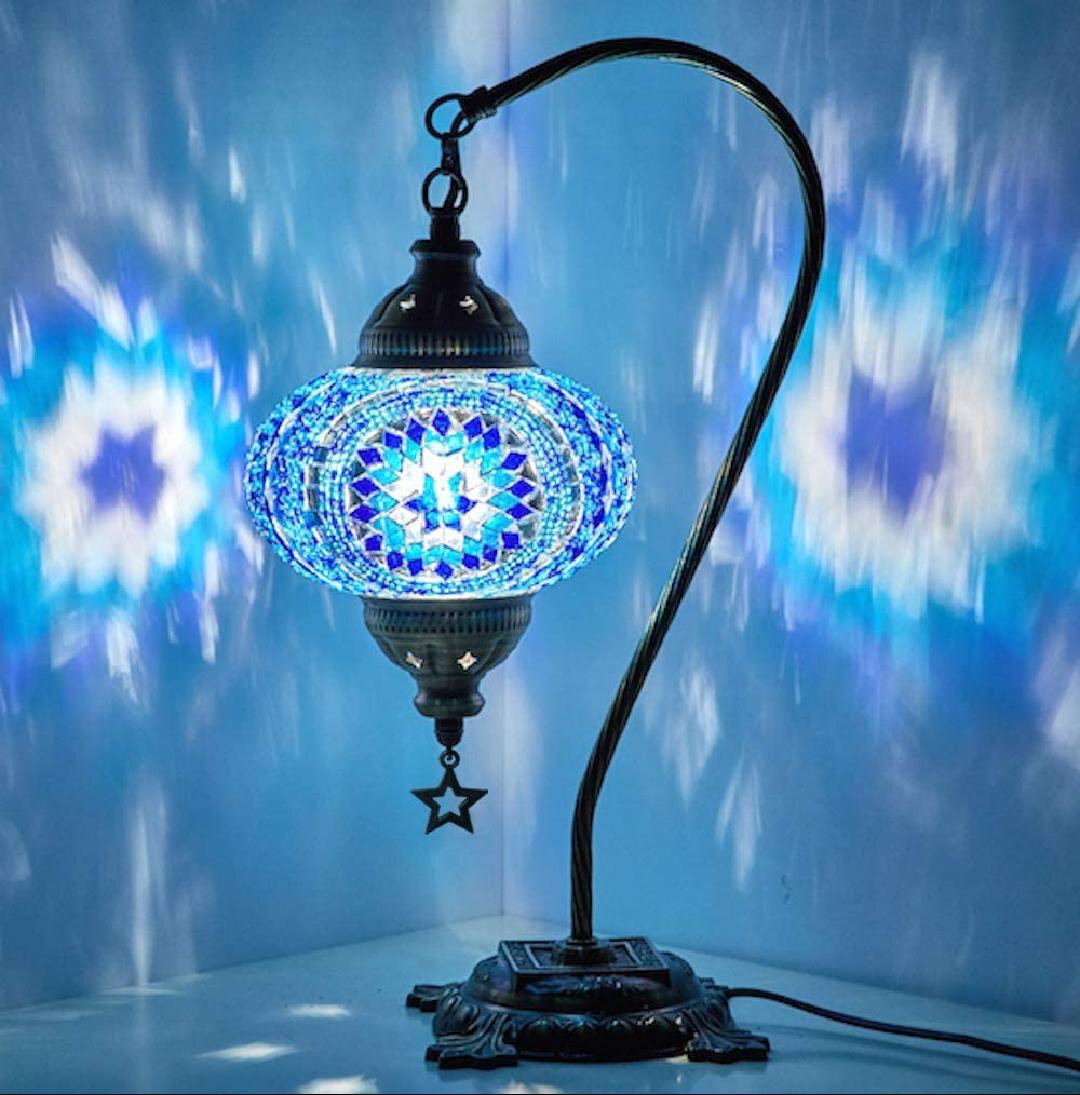Turkish Moroccan Mosaic Table Lamp With US Plug & Socket, Swan Neck Handmade Desk Bedside Table Night Lamp Decorative Lamp Light, Antique