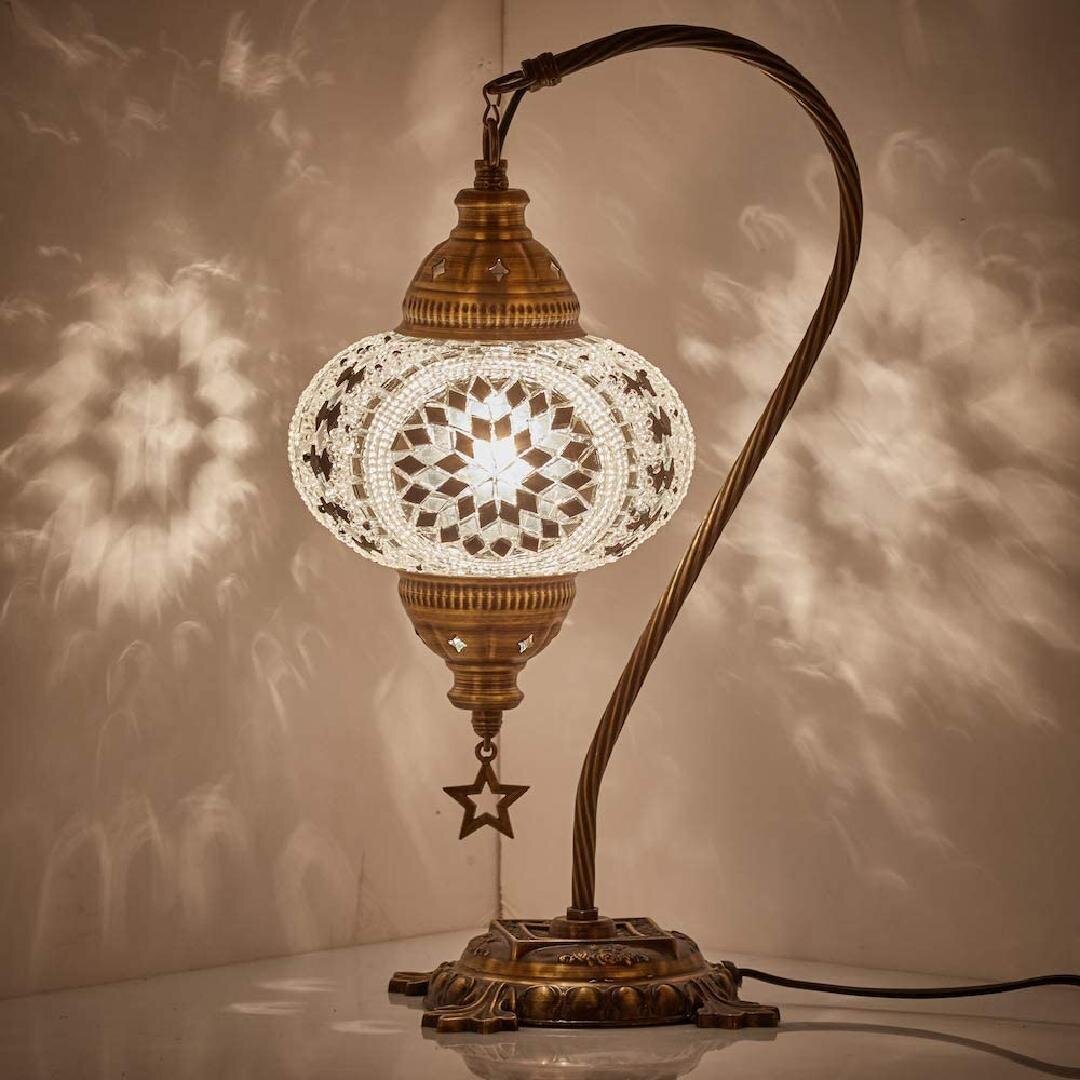 Turkish Moroccan Mosaic Table Lamp With US Plug & Socket, Swan Neck Handmade Desk Bedside Table Night Lamp Decorative Lamp Light, Antique