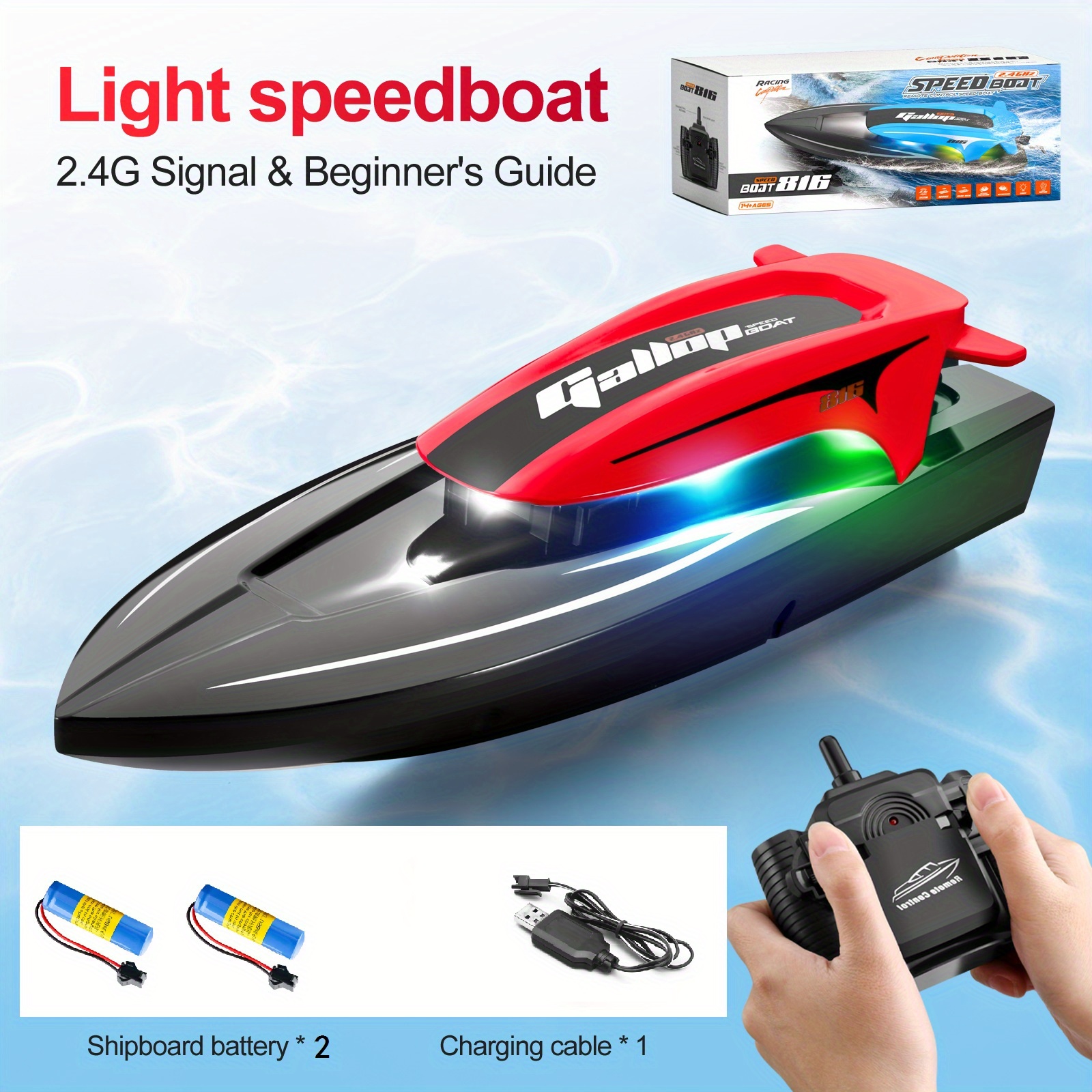 High-speed Remote Control Boat 816, Seven-color Lights, Sealed And Waterproof, 3149.61 Inch Remote Control Distance, 18 Minutes Of Battery Life, Rechargeable Battery, Children's Gift, Children's Toy