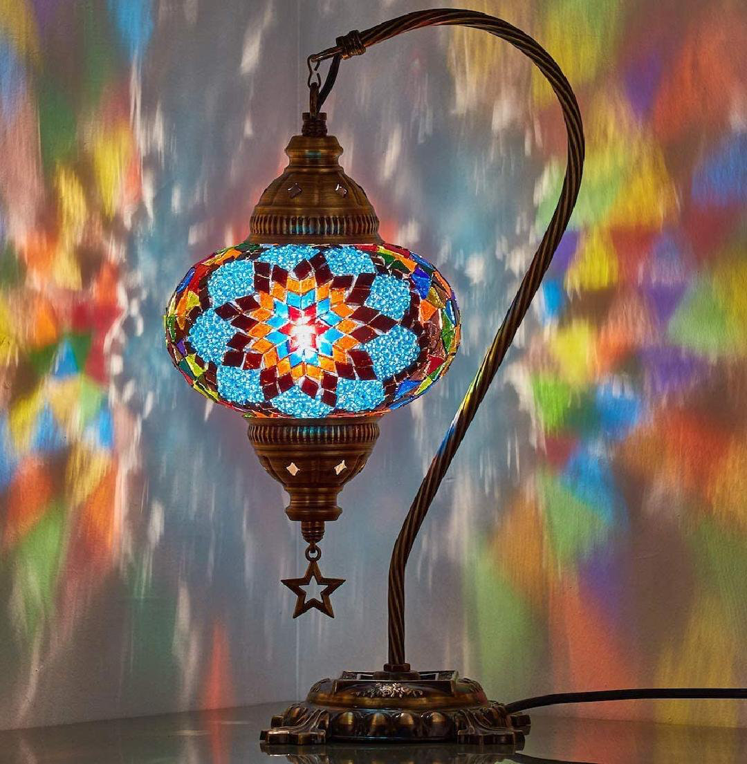 Turkish Moroccan Mosaic Table Lamp With US Plug & Socket, Swan Neck Handmade Desk Bedside Table Night Lamp, Decorative Lamp Light, Blue
