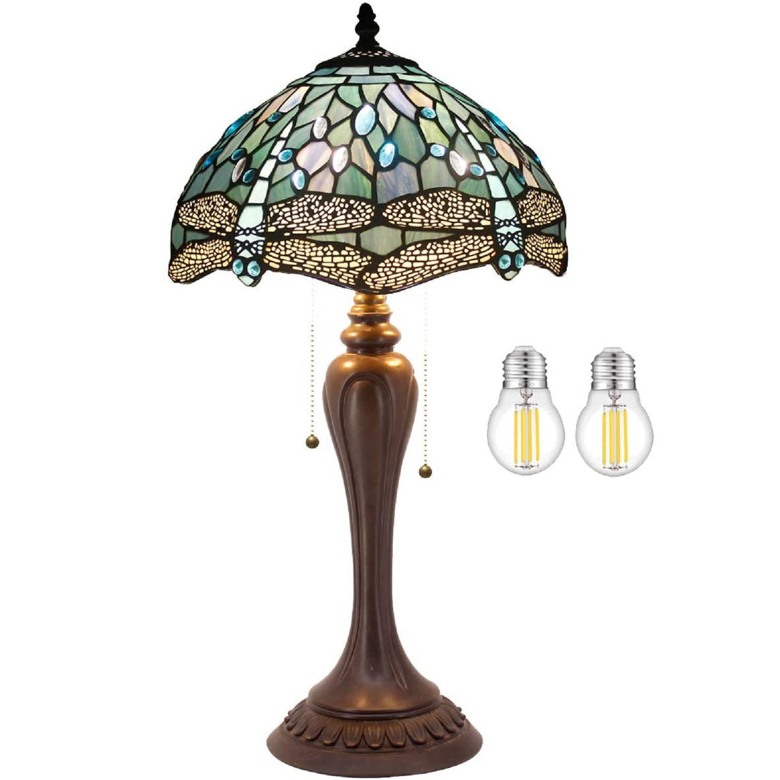 Brunswick Table Lamp Sea Blue Stained Glass Dragonfly Style Teal Shade Resin Base 22