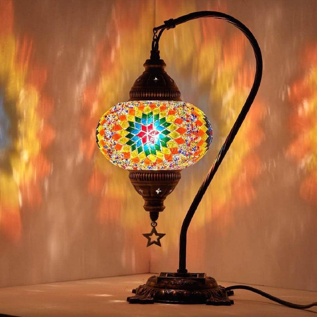 Turkish Moroccan Mosaic Table Lamp With US Plug & Socket, Swan Neck Handmade Desk Bedside Table Night Lamp Decorative Lamp Light, Antique