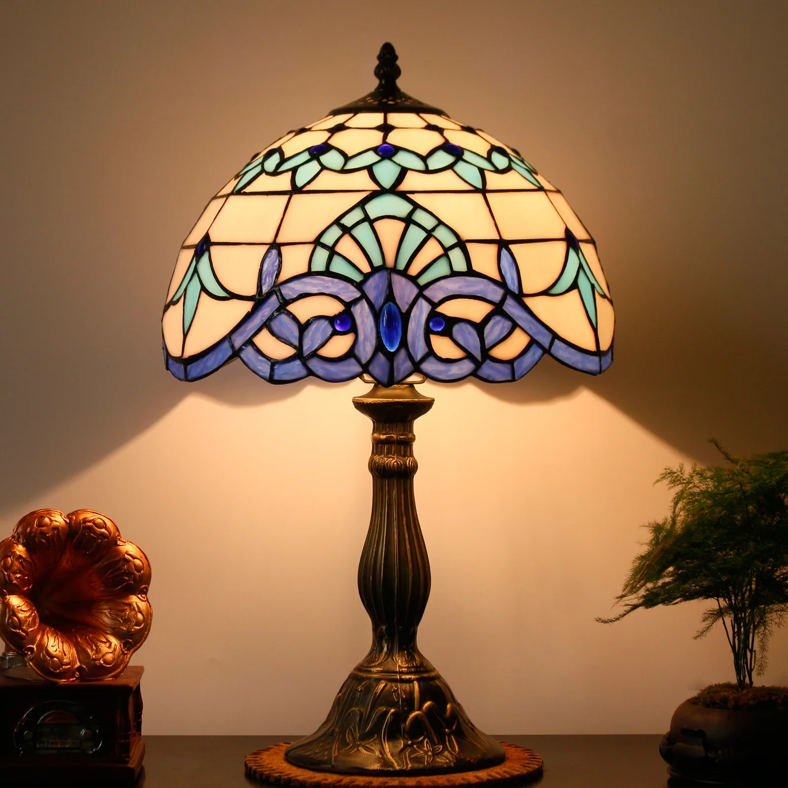 Table Lamp Bedside Navy Blue Baroque Stained Glass Style Desk Reading Light 18