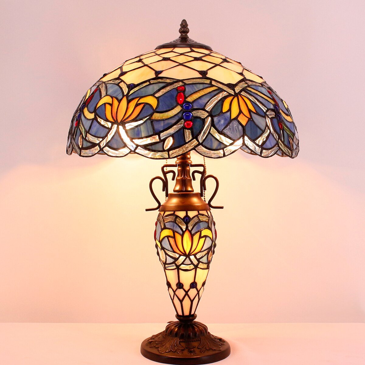 Lamp With Nightlight Rustic Large Blue Stained Glass Lotus Table Lamp Desk 24