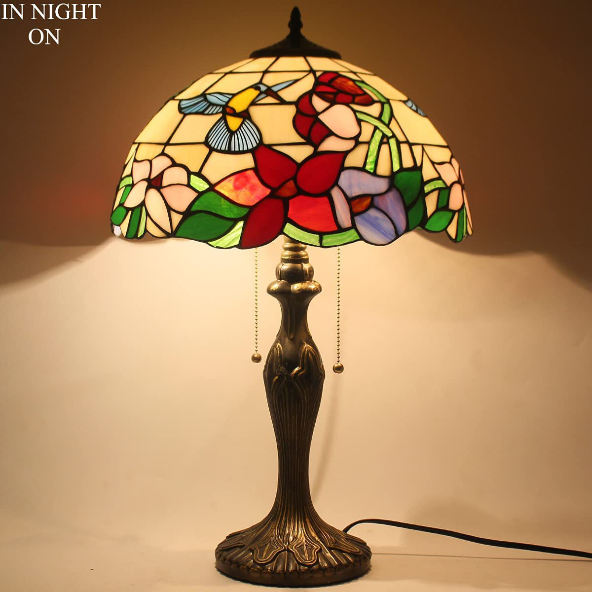 Lamp Table Stained Glass Hummingbird Style Shade Metal Base 24
