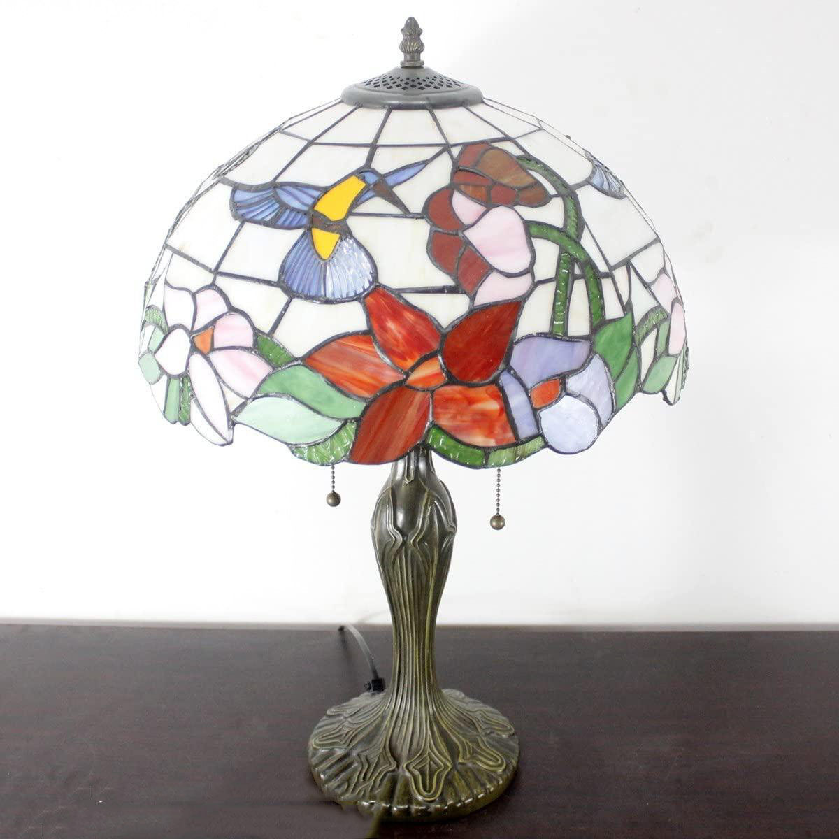 Lamp Table Stained Glass Hummingbird Style Shade Metal Base 24