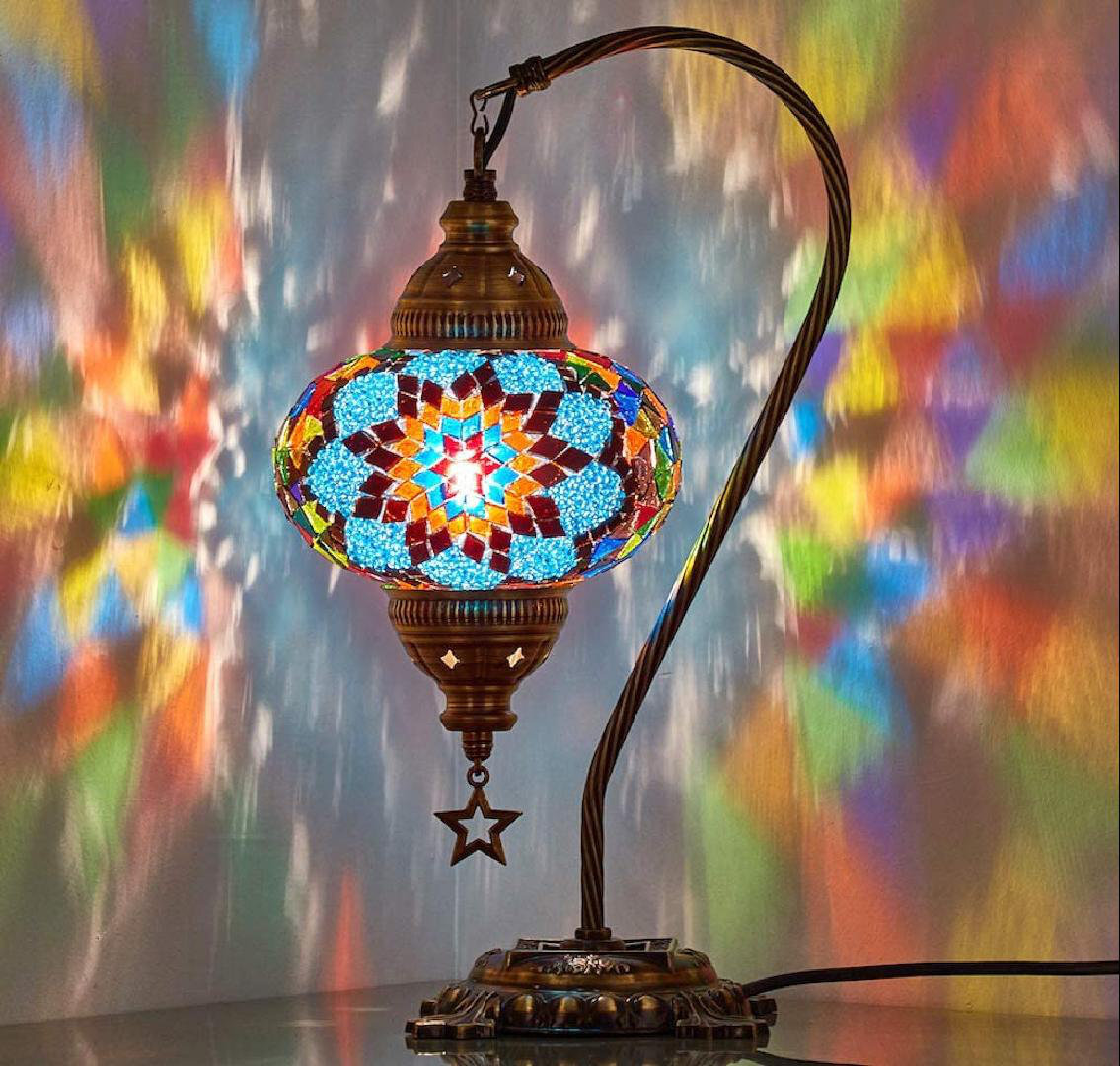Turkish Moroccan Mosaic Table Lamp With US Plug & Socket, Swan Neck Handmade Desk Bedside Table Night Lamp, Decorative Lamp Light, Blue